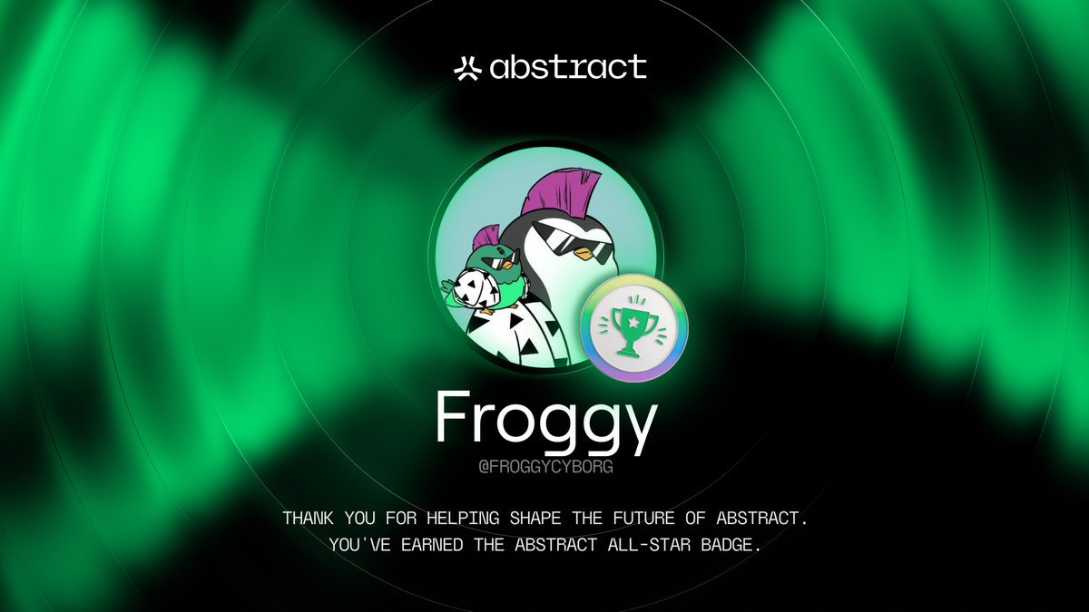 AbstractChainCN's tweet photo. ✳️ 认识一下新一期 Abstract 全明星：@FroggyCyborg！

���为一名资深艺术家和 Abstract 最活跃的钱包用户之一，Froggy 一直通过艺术创作、无限创意与积极的链上参与，支持着生态中的建设者们。

感谢你为 Abstract 文化的塑造与成长持续贡献力量！ https://t.co/q4Xi8O18ti
