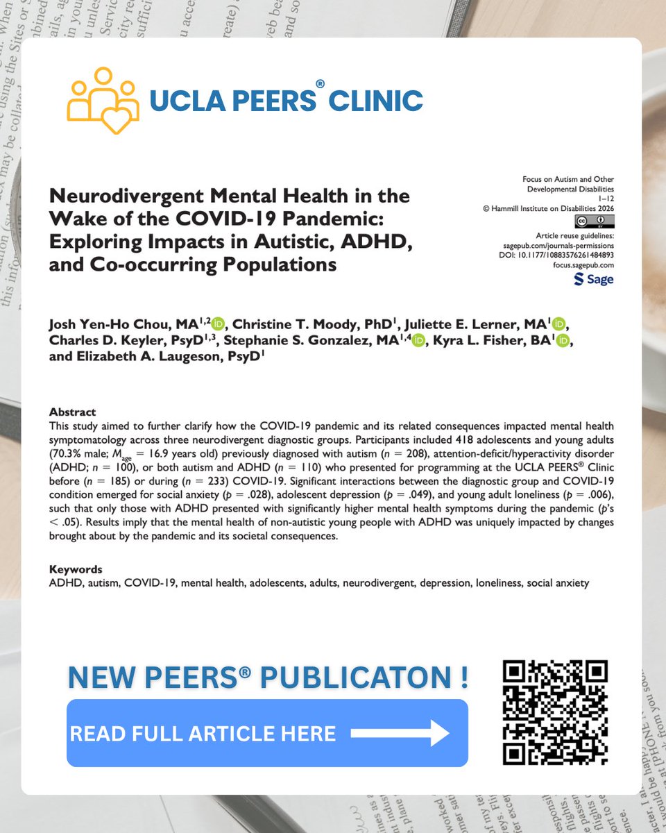 UCLAPEERS's tweet photo. “Neurodivergent Mental Health in the Wake of the COVID-19 Pandemic: Exploring Impacts in Autistic, ADHD, and Co-occurring Populations” has been published!
This study explored the effects of the COVID-19 pandemic on people previously diagnosed with autism and/or ADHD! https://t.co/2rez7gIVI2