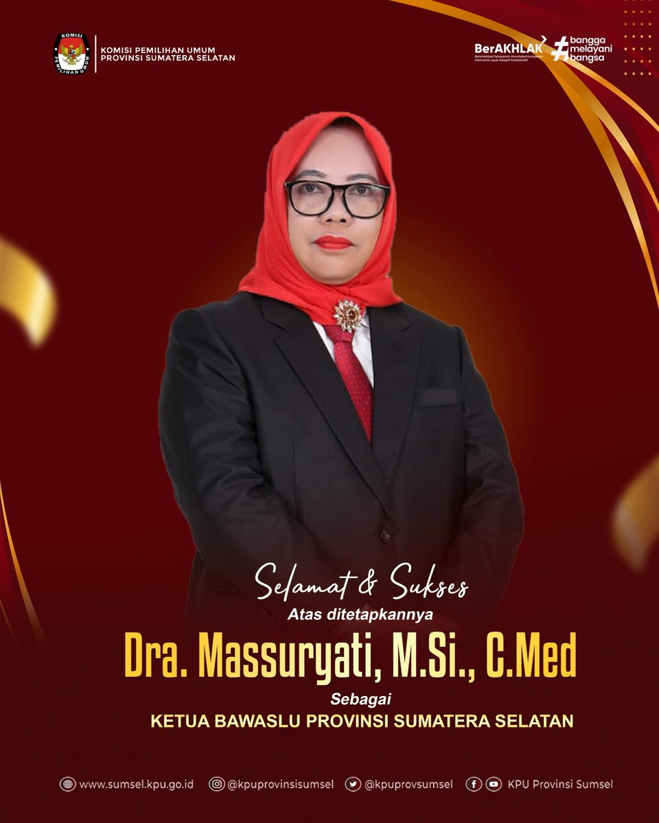 kpusumsel's tweet photo. #Temanpemilih KPU Provinsi Sumatera Selatan mengucapkan selamat dan sukses atas ditetapkannya Dra. Massuryati, https://t.co/kDkjpn36id., https://t.co/GzewlDS8Wa sebagai Ketua Bawaslu Provinsi Sumatera Selatan

#KPUMelayani https://t.co/MKkod6wVuh