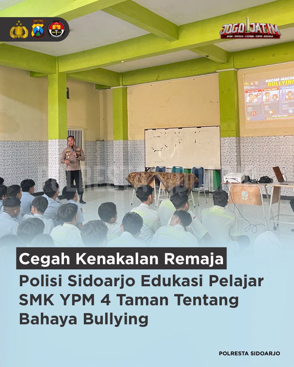 Deltasitik's tweet photo. Sat Binmas Polresta Sidoarjo hadir di SMK YPM 4 Taman, mengingatkan pelajar untuk menjauhi kenakalan remaja, berani melawan bullying, serta tidak mudah terpengaruh paham radikal.

#PolrestaSidoarjo 
#PolriUntukMasyarakat
#PolriPresisi https://t.co/3pvtC5268J