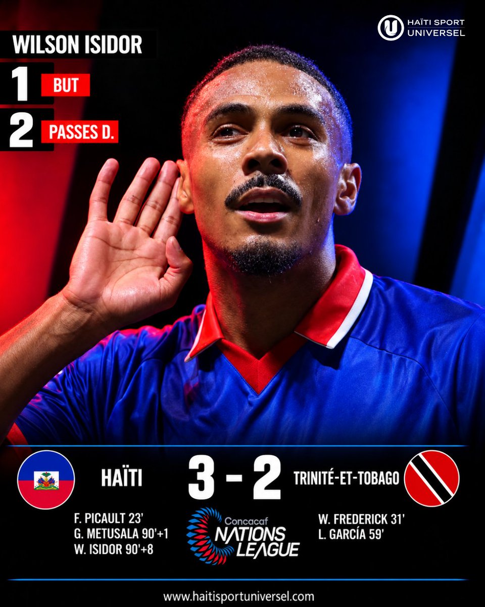 HaitiSportU's tweet photo. Wilson Isidor  offre la victoire à Haïti avec un but et deux passes décisives face à Trinité-et-Tobago !⚽🇭🇹✅🔥👏🏽👏🏽👏🏽 https://t.co/bs9pkF3R03