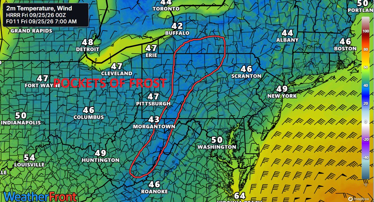 AppalachiaWx's tweet photo. Frost Possible Across Portions of The Central Appalachians Overnight!!!

As of Thursday evening, temperatures are rapidly falling across the region. Clear skies, light winds, and dry air is creating an optimal environment for radiational cooling. This will especially be the case in sheltered valleys, where some pockets of frost will be possible by Friday morning. The highlighted area represents the locations where pockets of frost will be possible overnight. Areas that are not highlighted are unlikely to see frost at this time. The National Weather Service has issued Frost Advisories for some counties from eastern West Virginia through northern Pennsylvania. 

#PAwx #wvwx #mdwx #NYwx #FrostAdvisory #coldweather