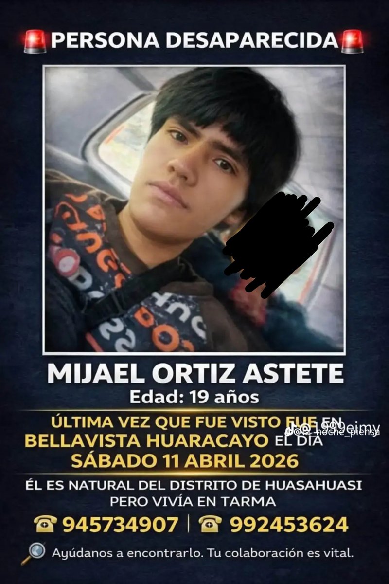 danegamez's tweet photo. Máxima difusión: joven de 19 años desaparecido hace 5 meses. No hay pistas y su madre está desesperada.
Desapareció en Tarma a donde se había ido a trabajar. 
Más información aquí: 
https://t.co/vqGcOCFulq https://t.co/1NX0iR0Gew