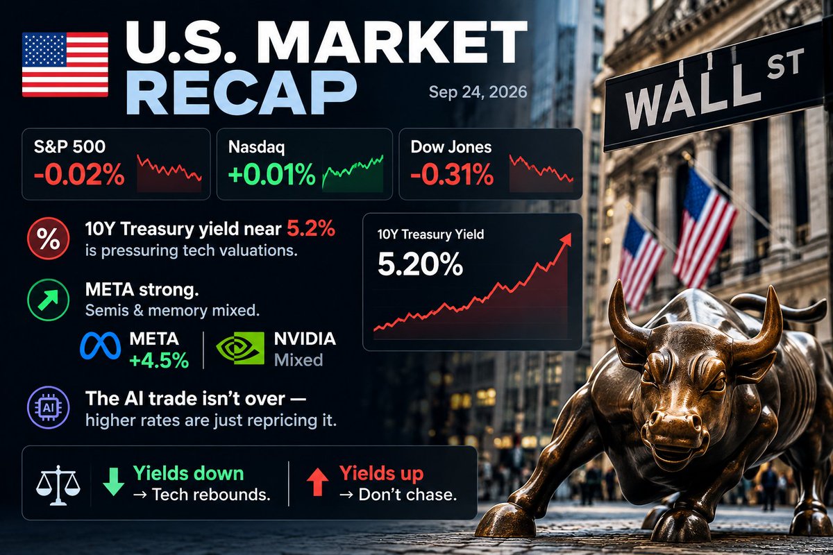 MAY_TALKSUS's tweet photo. 🇺🇸 U.S. MARKET RECAP

S&amp;P 500 -0.02%
Nasdaq +0.01%
Dow -0.31%
10Y yield near 5.2% is pressuring tech valuations.
META strong. Semis &amp; memory mixed.

The AI trade isn’t over — higher rates are just repricing it.

Yields down → Tech rebounds.
Yields up → Don’t chase. https://t.co/4rYrltd4wx