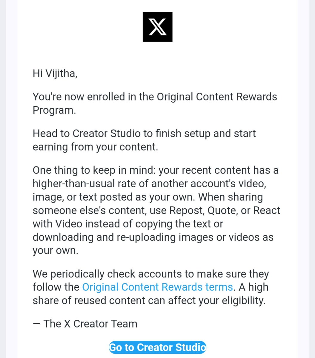 Vijitha96's tweet photo. Just got enrolled in the original content rewards program on X... Time to cook original only https://t.co/n2JVLHtp4U