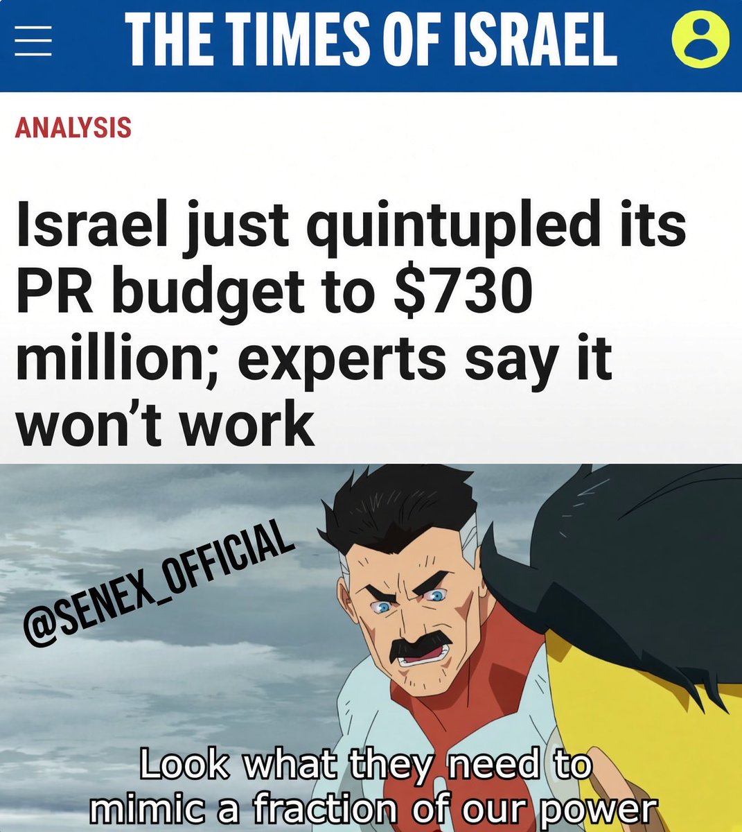 senex_official's tweet photo. When Israel has to spend almost $1 billion to combat what we do in our spare time. 😮‍💨 https://t.co/l43xTyojlI