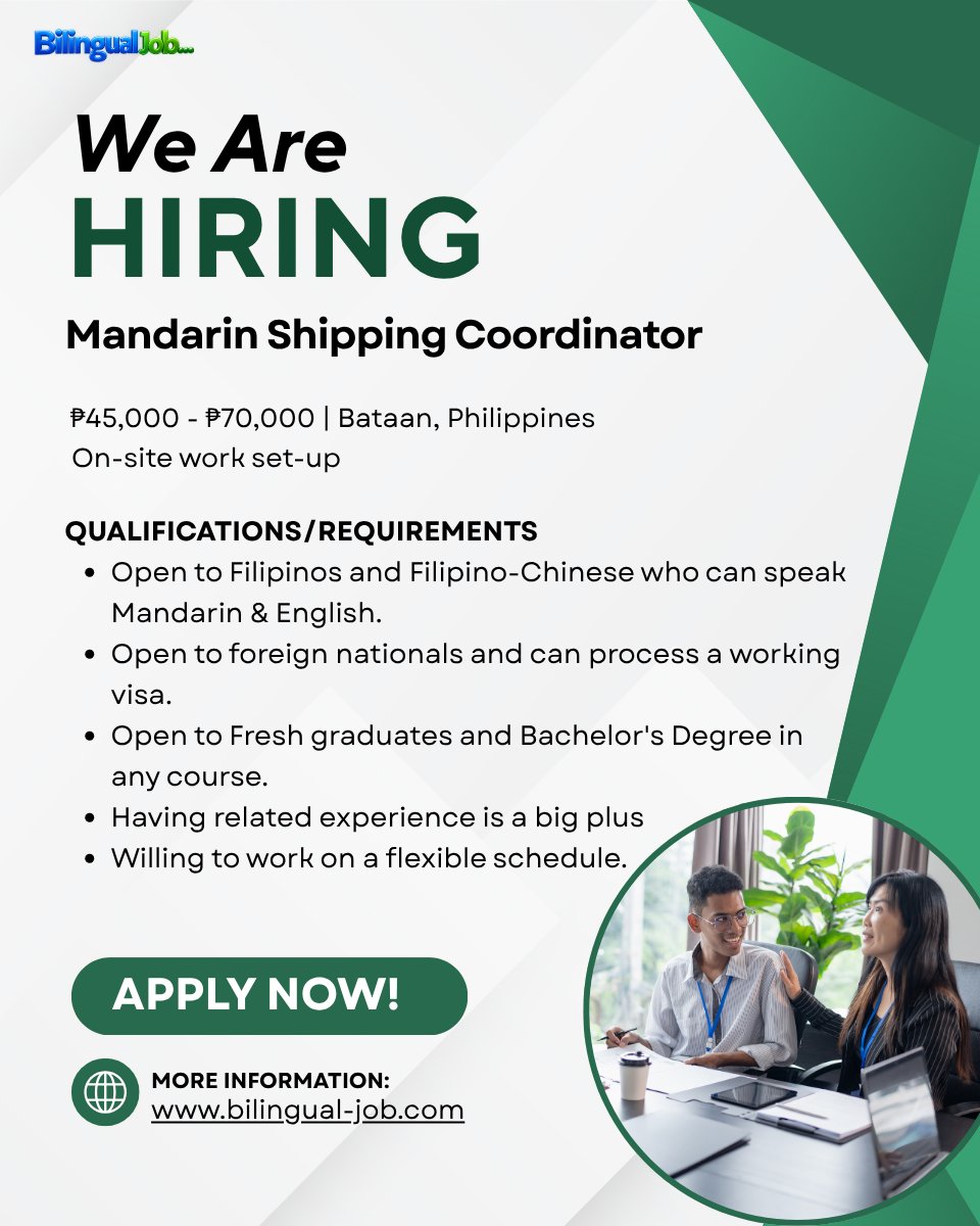 BilingualJob_'s tweet photo. 🚀 Turn Your Mandarin Skills Into Your Next Career Opportunity! 🇨🇳🇵🇭

We’re hiring a Mandarin Shipping Coordinator in Bataan!
💰 ₱45,000–₱70,000 salary
📍 On-site work setup
#BilingualJob #WeAreHiring #MandarinJobs #MandarinSpeaker #ShippingCoordinator #BataanJobs #JobOpening https://t.co/A193erTnCK