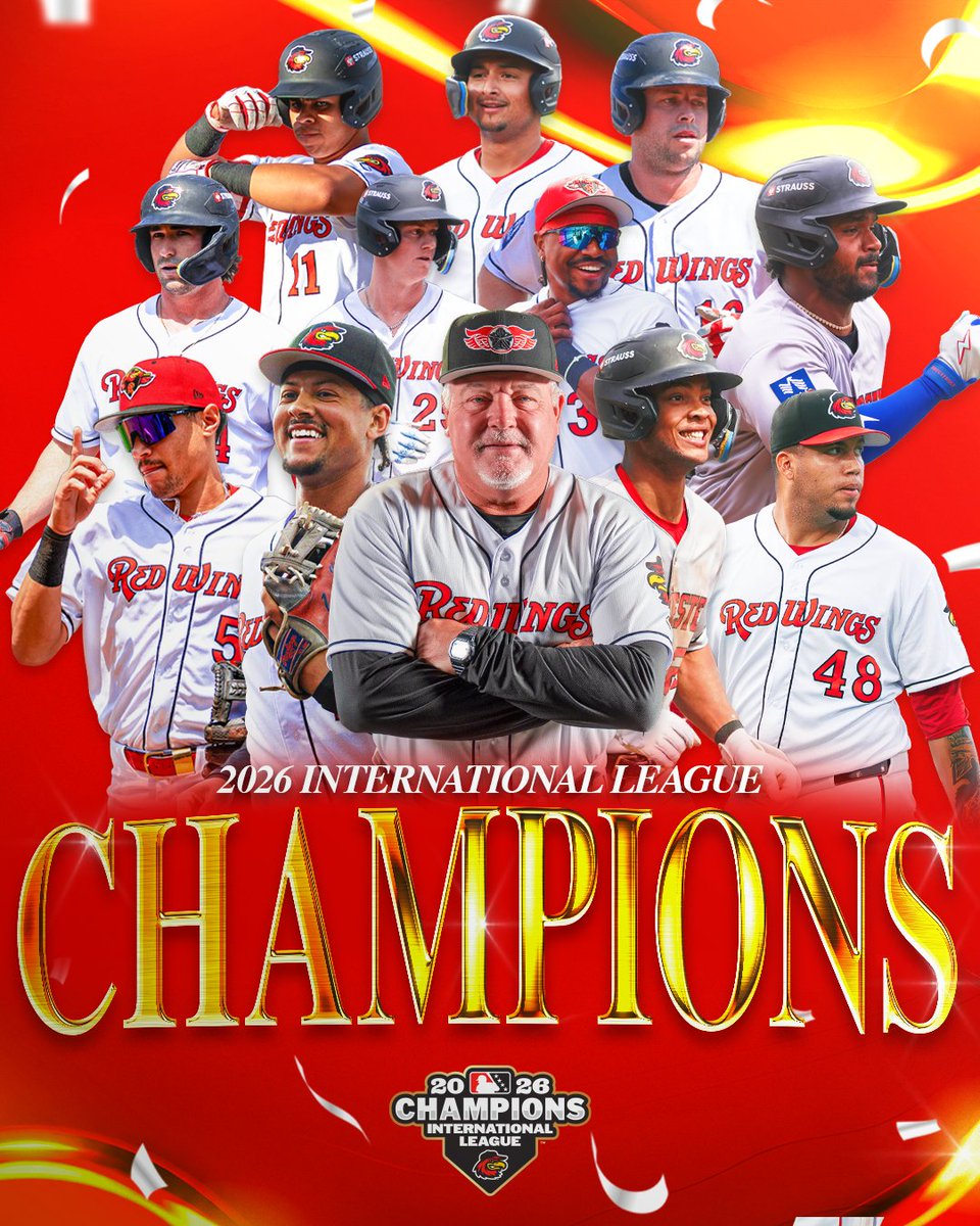 RocRedWings's tweet photo. INTERNATIONAL LEAGUE CHAMPIONS. 🏆🪽

For the first time since 1997, your Rochester Red Wings are International League Champions!
This marks the 20th championship in Red Wings history. 🏆

NEXT STOP: LAS VEGAS. 🎰 https://t.co/qdGYPoBdDu