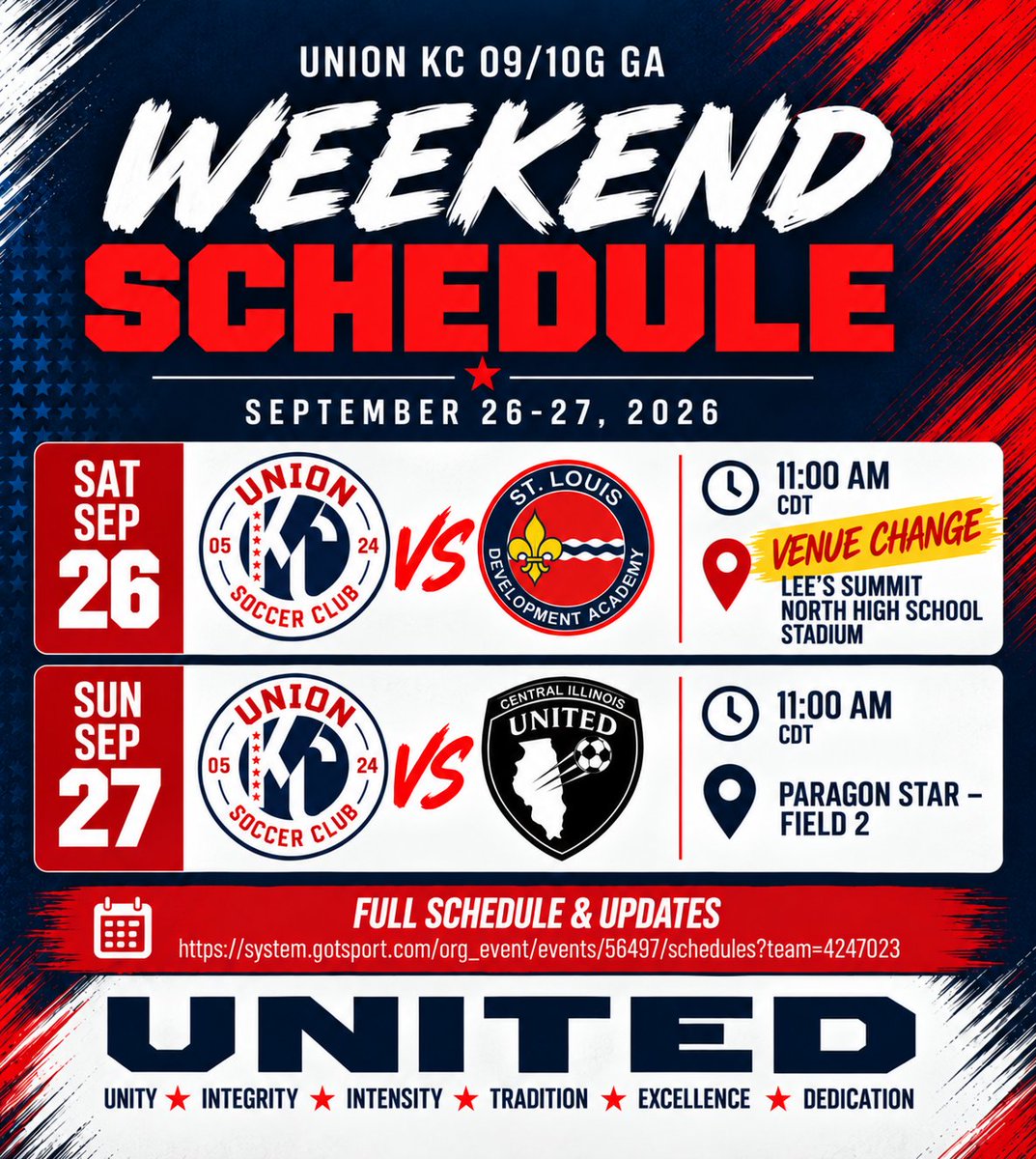 Unionkc2028ga's tweet photo. Big Weekend @ Home against two new teams to our conference! Let's Go!

Note the venue change on Saturday!

@unionkcGA @GAcademyLeague @ImCollegeSoccer
@ImYouthSoccer @PrepSoccer @TheSoccerWire 
@TopDrawerSoccer https://t.co/be2nE4Op4I