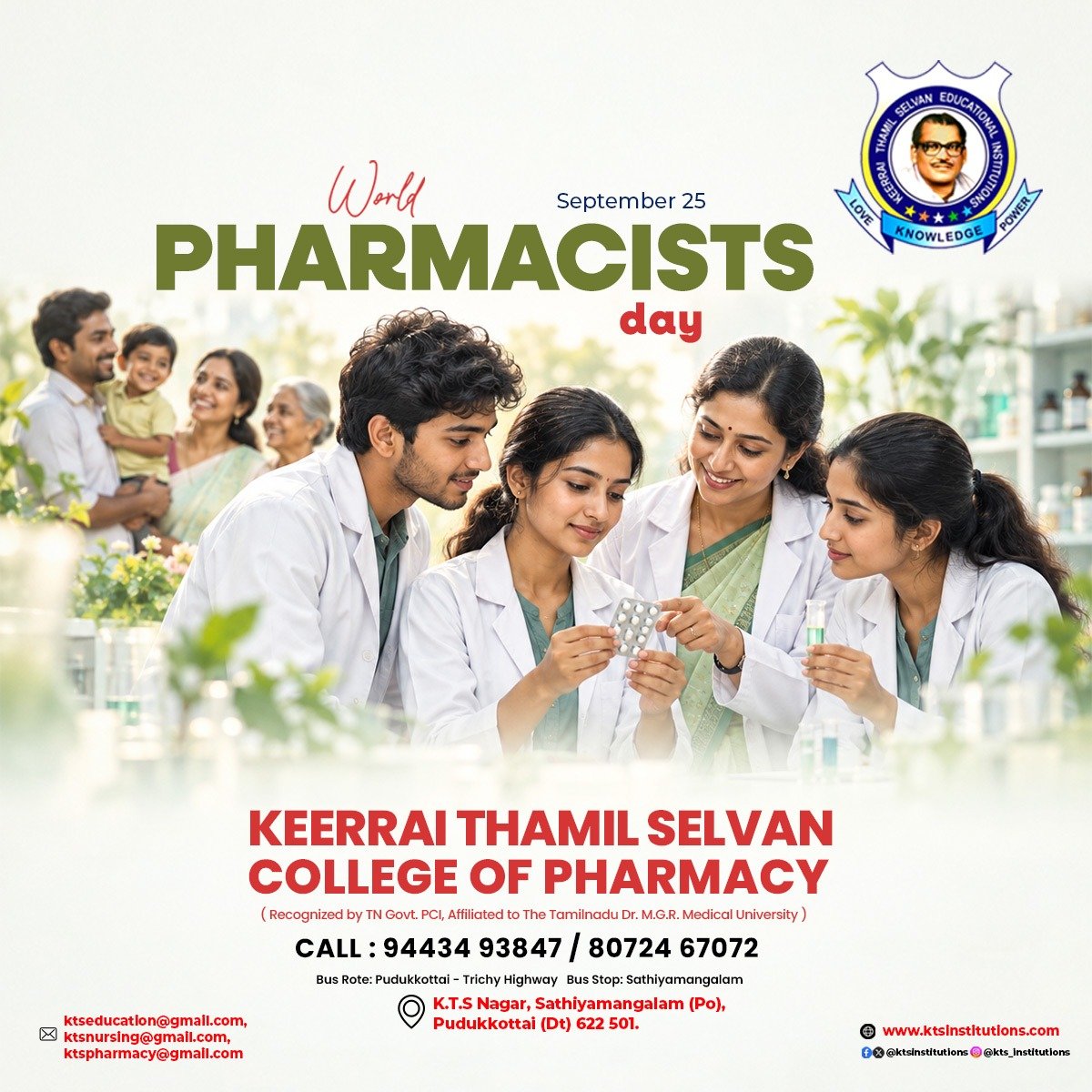 keeraitamilraja's tweet photo. Happy World Pharmacists Day! 💊

Let us celebrate the pharmacists who stand at the heart of healthcare ensuring safe medicines, supporting patients.❤️🎉✨

#WorldPharmacistsDay #WPD2026 #WorldPharmacistsDay2026
#KTSCollegeofPharmacy #KTSInstitutions https://t.co/SsGYcKGfuY