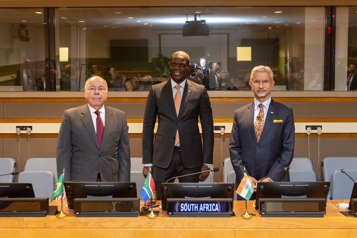 DrSJaishankar's tweet photo. Participated in the IBSA Foreign Ministers’ Meeting today with FM @RonaldLamola of South Africa and FM Mauro Vieira of Brazil. #UNGA81

Our Joint Media Statement underscored:

✅ Commitment to the UN Charter, international law and a stronger multilateral system.

✅ Support for comprehensive UNSC reform to make it more democratic, representative, legitimate and reflective of contemporary realities.

✅ Concern over the spillover of conflicts on the Global South, particularly through energy and food insecurity, inflation and fiscal pressures.

✅ Strong condemnation of the Pahalgam terror attack and reaffirmation of zero tolerance for terrorism.

✅ Full commitment to empowering women and girls and removing social and economic barriers.

✅ Need to protect balanced, fair and mutually beneficial trade for equitable growth, inclusive development and greater resilience.

✅ Continued reform of global economic governance for more effective, equitable and representative participation of developing and emerging economies.

✅ Commitment to universal, meaningful connectivity and greater deployment of digital infrastructure.

✅ Recognition of AI’s immense potential to drive economic growth and sustainable development.

✅ Urgent action on climate and development challenges, including through Mission LiFE, Global Biofuels Alliance, International Solar Alliance and CDRI.

✅ Recognition that increasingly frequent and intense disasters and shocks threaten sustainable development.

✅ Support for tripling renewable energy capacity in the Global South, doubling the global average rate of energy-efficiency improvements, and expanding sustainable fuels including biofuels, biogases and low-emission hydrogen.

#UNHighLevelWeek