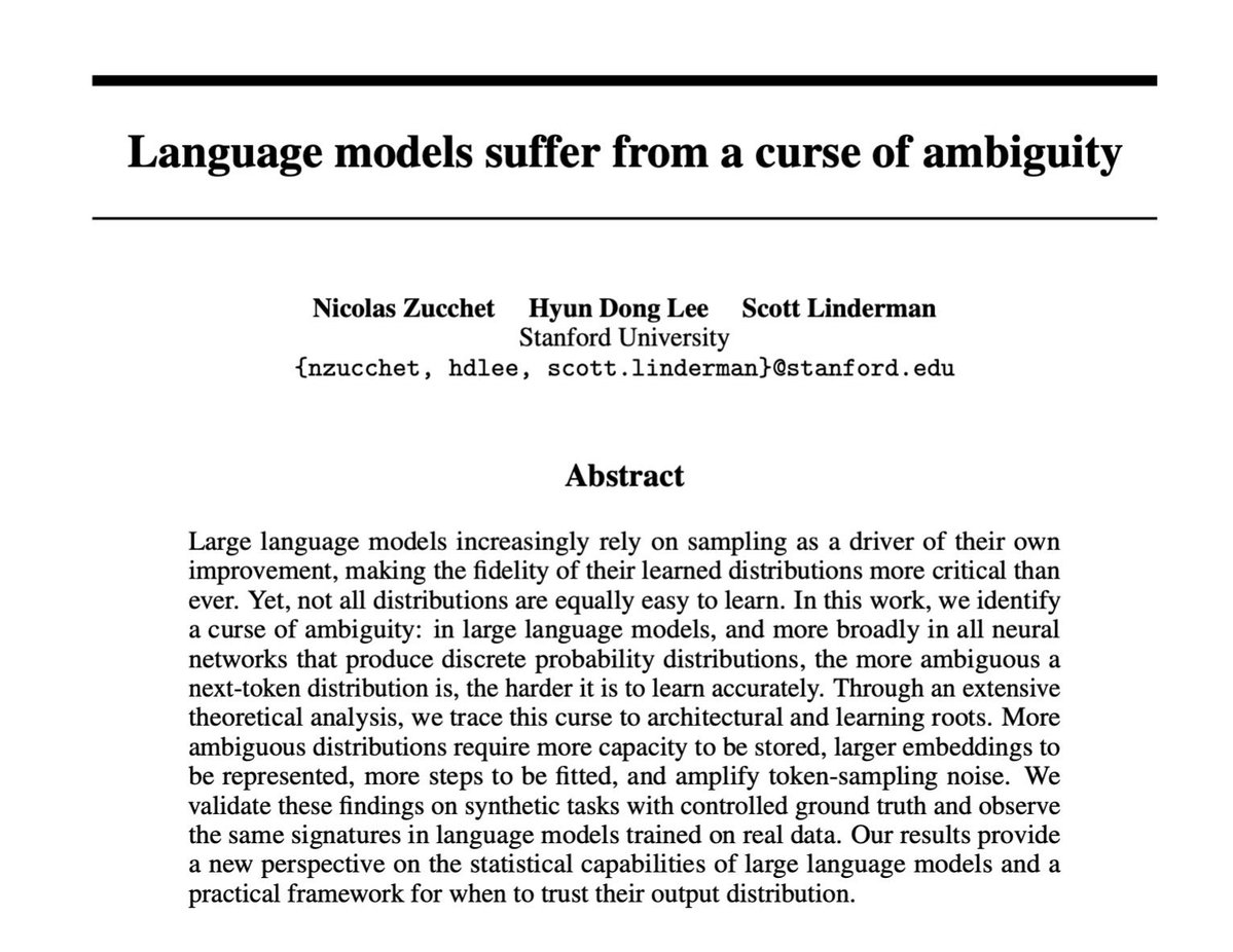 NicolasZucchet's tweet photo. Joining the NeurIPS celebration: our curse of ambiguity paper will be a spotlight 🎉

We show that high entropy tokens need
1. More capacity to store
2. Larger embeddings to be represented
3. More training steps
4. More samples to reduce sampling noise

Scaling laws study performance averaged over all tokens in the data;  our work zooms in and sheds some light onto which tokens are harder to learn 🔬