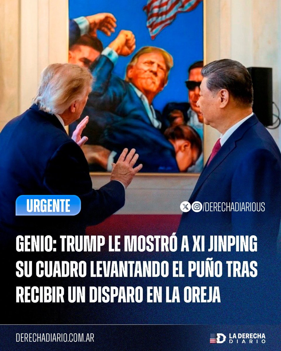 DerechaDiarioUS's tweet photo. 🚨🇺🇸🇨🇳 | TIPAZO: El presidente Donald Trump le mostró al dictador chino Xi Jinping su cuadro levantando el puño tras recibir el disparo en la oreja durante el atentado que casi terminó con su vida en plena campaña de 2024. https://t.co/JYeSZJGGOn