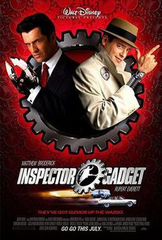A movie poster for Walt Disney Pictures' 'Inspector Gadget 2' starring Matthew Broderick and Rupert Everett, featuring a red and black color scheme with mechanical gear designs.