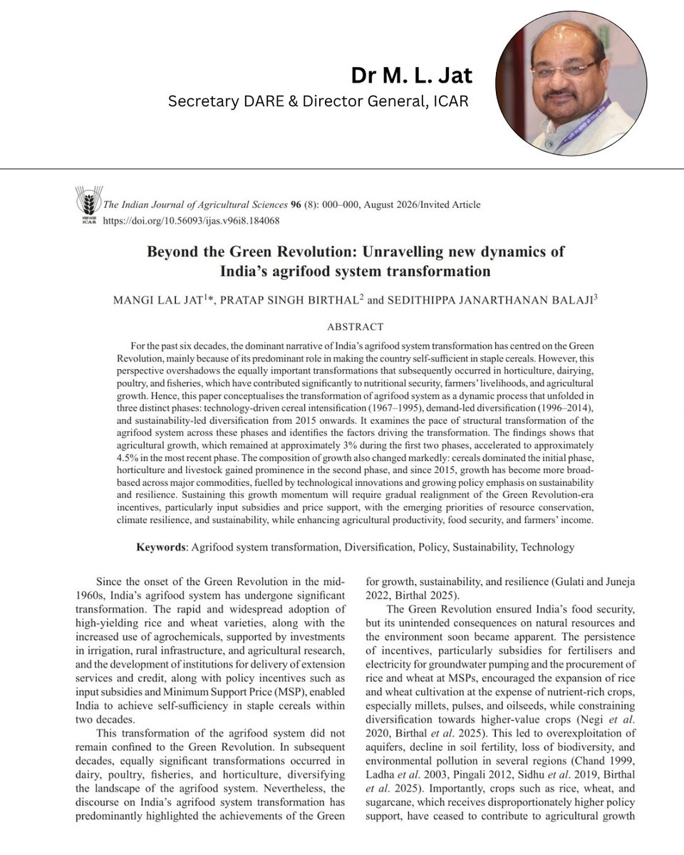 icarindia's tweet photo. An article by Mangi Lal Jat et al. explores India’s agrifood transformation—from the Green Revolution to diversified, sustainable and resilient agriculture. 

DOI: 10.56093/ijas.v96i8.184068
#ICAR @ChouhanShivraj @PIB_India @AgriGoI https://t.co/C7llaWi1Ym