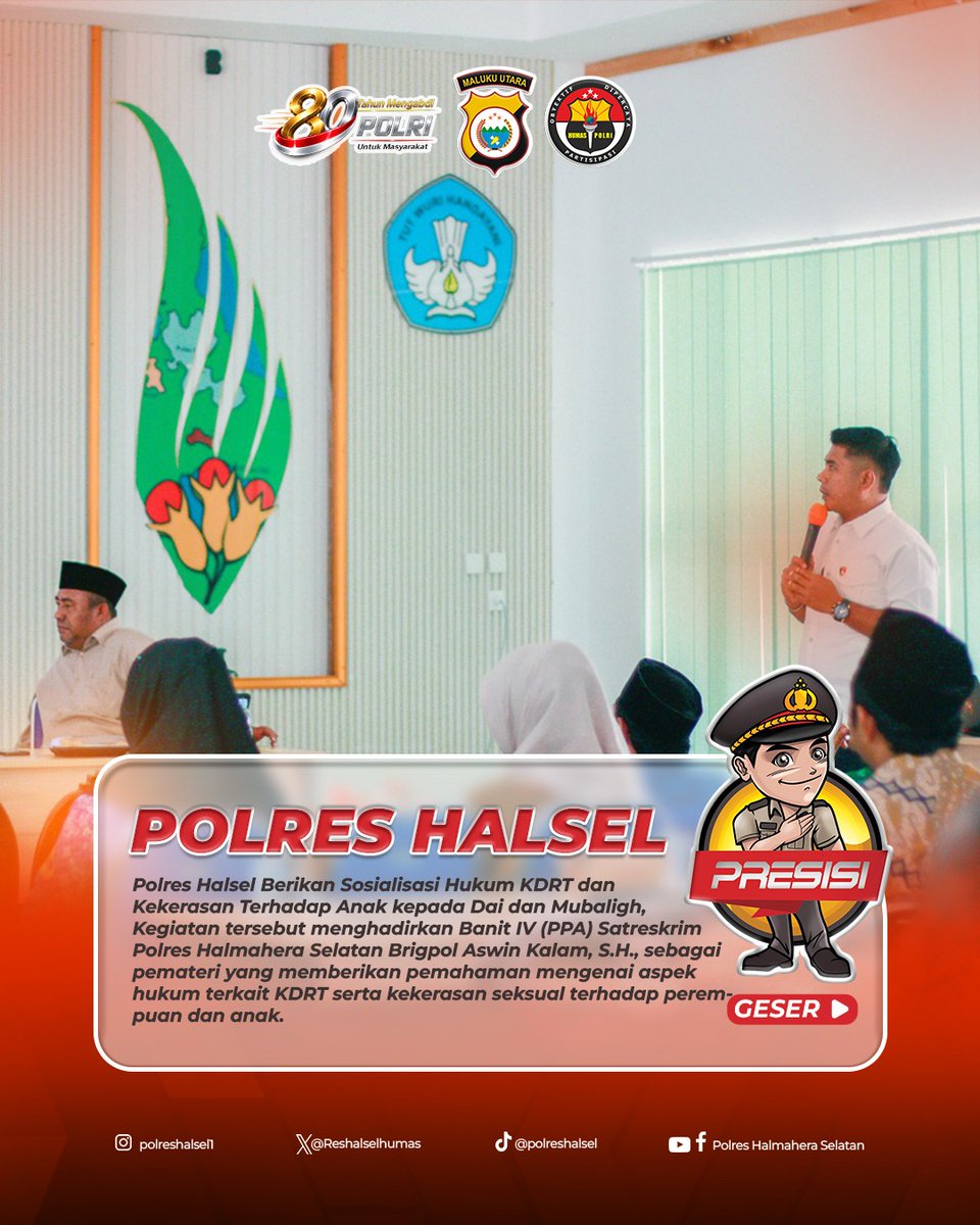 Reshalselhumas's tweet photo. Dalam kegiatan tersebut, Banit IV (PPA) Satreskrim Polres Halsel Brigpol Aswin Kalam, S.H. hadir sebagai pemateri untuk memberikan edukasi terkait aspek hukum KDRT serta kekerasan seksual terhadap perempuan dan anak. https://t.co/ockK0fsG9u
