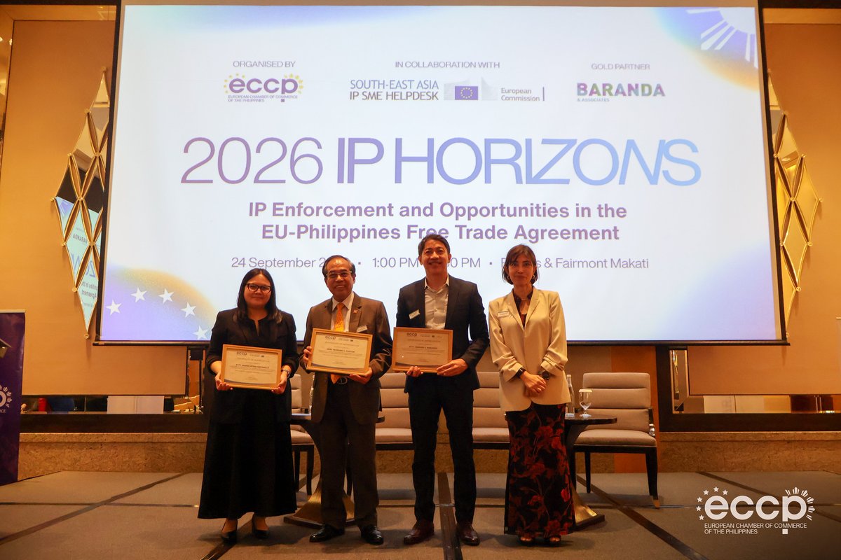 eccponline's tweet photo. Check out the highlights from yesterday’s 2026 IP Horizons! 💡🌅

Following the historic milestone in the EU-Philippines Free Trade Agreement (FTA) negotiations on 22 September, the European Chamber of Commerce of the Philippines (ECCP), in collaboration with the South-East Asia IP SME Helpdesk, convened key stakeholders for the “𝟮𝟬𝟮𝟲 𝗜𝗣 𝗛𝗼𝗿𝗶𝘇𝗼𝗻𝘀: 𝗜𝗣 𝗘𝗻𝗳𝗼𝗿𝗰𝗲𝗺𝗲𝗻𝘁 𝗮𝗻𝗱 𝗢𝗽𝗽𝗼𝗿𝘁𝘂𝗻𝗶𝘁𝗶𝗲𝘀 𝗶𝗻 𝘁𝗵𝗲 𝗘𝗨-𝗣𝗵𝗶𝗹𝗶𝗽𝗽𝗶𝗻𝗲𝘀 𝗙𝗿𝗲𝗲 𝗧𝗿𝗮𝗱𝗲 𝗔𝗴𝗿𝗲𝗲𝗺𝗲𝗻𝘁” to explore what the evolving trade deal means for Intellectual Property rights and European SMEs.

The forum examined how the #Philippines is responding to global IP developments, ranging from digital piracy and online counterfeiting to geographical indications (GIs), and how European businesses can align their IP strategies with both EU standards and Philippine legal reforms.

Industry experts including Atty. Edmund Jason Baranda, Managing Partner of Baranda and Associates – Rouse & Co. International Limited and External Expert of the South-East Asia IP SME Helpdesk, alongside Hon. Teodoro C. Pascua, Director General of the Intellectual Property Office of the Philippines (IPOPHL), emphasized that while the FTA opens new doors, strong IP strategies and evidence-gathering are essential for businesses to navigate the digital age and capitalize on new market opportunities.

The event was hosted and moderated by Atty. Reena Mitra-Ventanilla, Chairperson of the ECCP Intellectual Property Rights Committee.

Thank you to our Gold Partner, Baranda & Associates, and to everyone who contributed to a dynamic open forum and panel discussion!

📸 For official photos, visit: https://t.co/G6LRAITjBH

#2026IPHorizons #WeChampionBusiness #ChamberOfChoice #IntellectualProperty #BrandProtection #SouthEastAsia #EUTrade #TradeDeal #FTA