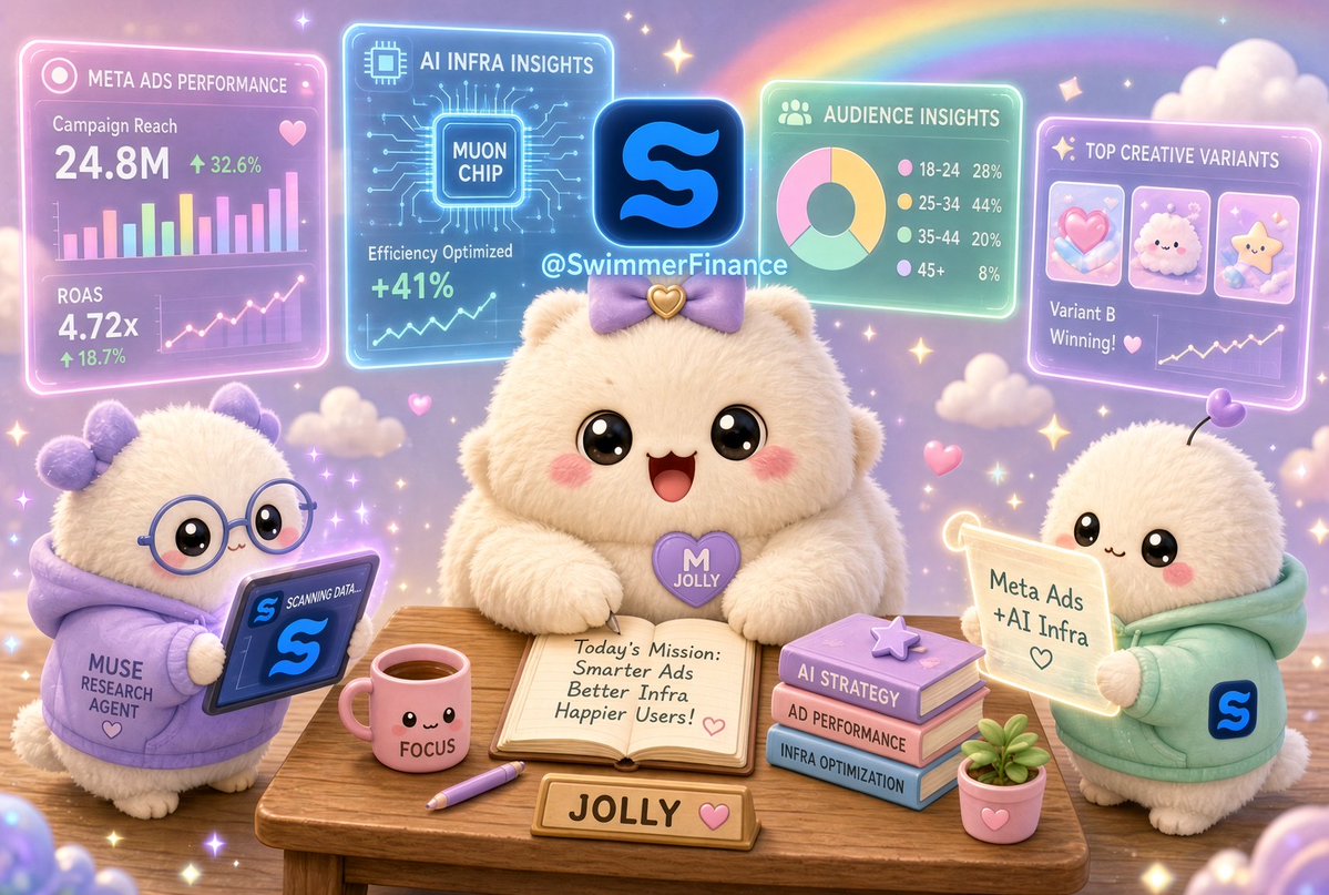 SwimmerFinance's tweet photo. Swimmer product update:

Mark showed charm.
Alex teased outfit.
Jolly displayed cuteness.
$META rallied with flex.

How does Meta's latest Muse AI 
impact its advertising and core business ecosystem?

Introducing Swimmer Research,
long-form data-rich professional content
summarizing business fundamentals
and sound investment framework.

Checked out Meta ads + AI infra deep dive 
and the fluffiest research that match with Jolly.
Summary, history, models, metrics, drivers, 
competitions, governance, risks, valuation, etc

Trade is exeuction, research is fuel. @SwimmerFinance
