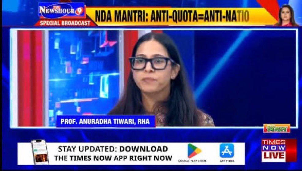 PrinceV93789344's tweet photo. Now witness the absolute height of theatrics and shamelessness.

This woman @talk2anuradha reportedly earned her engineering degree from a state university in Faridabad, whose ranking in India hovers around 150, and where seats in Mechanical and Civil Engineering reportedly remain vacant every year because hardly anyone wants them, is calling @priyanka2bharti , a JNU-educated woman, ‘illiterate’ on camera.

And here is another example of blatant shamelessness, Times Now brings this woman onto its panel and presents her as a “Professor,” even though her Master’s degree is not publicly clear. Navika Kumar introduces Anuradha Tiwari to the entire country as ‘Professor Anuradha Tiwari’ , If it were merely an innocent mistake, it could easily have been corrected during an hour-long show. But instead, she was repeatedly presented with the “Professor” title, creating a completely misleading image.

This is what real ignorant and shamelessness look like.👇