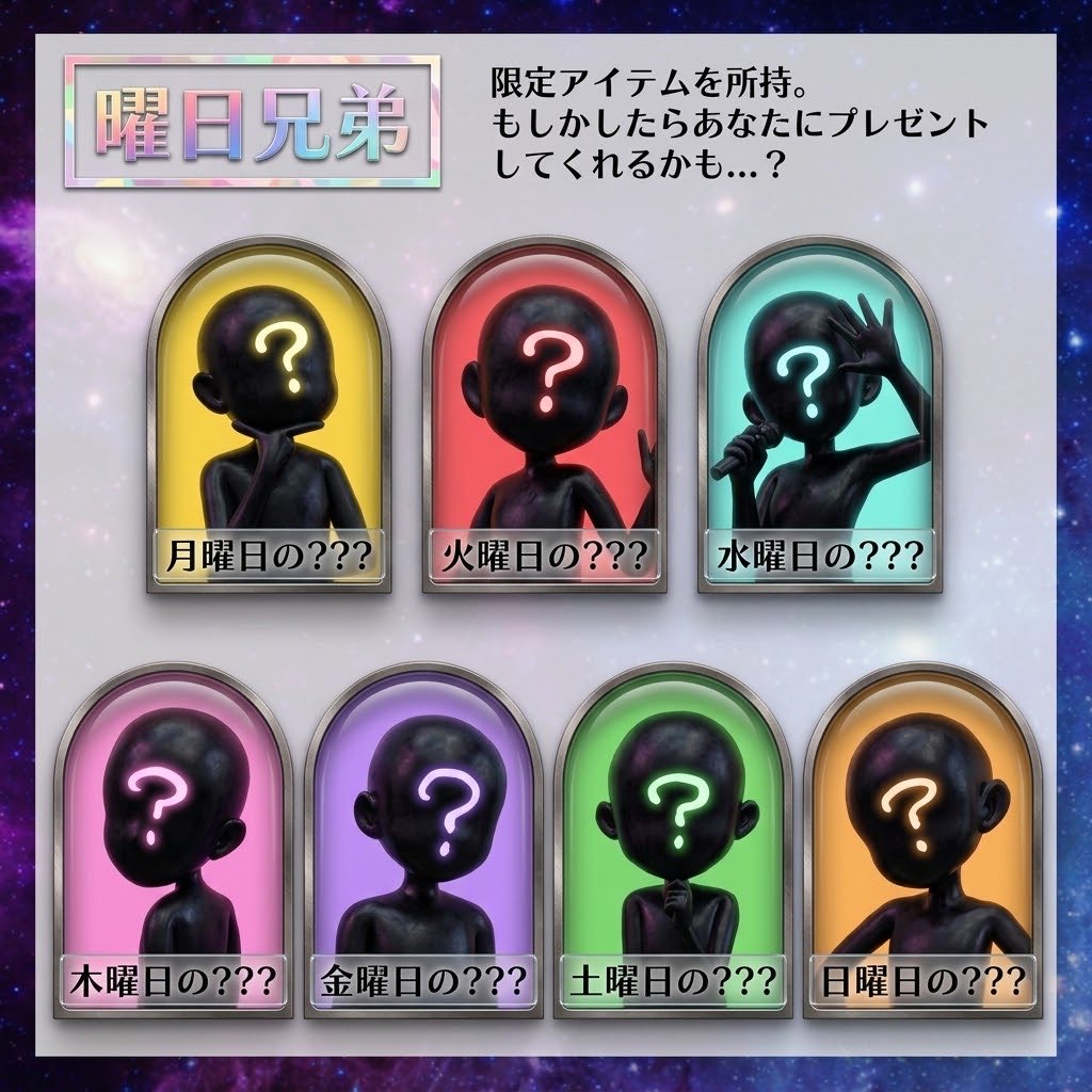 SING_LEAGUE's tweet photo. 企画キャラクター紹介②

限定アイテムを所持している曜日兄弟。

それぞれが天体にちなんだ曲を
歌っているよ🪐🌌

もしかしたらあなたのところへ
プレゼントを持ってきてくれるかも??✨️ https://t.co/kPCnywLdWi