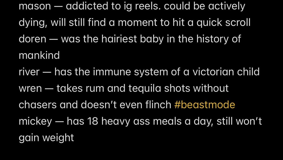 boricuamason's tweet photo. random nnpc headcanons but they’re just varyingly specific facts or things that have happened to me cuz i’m overly bored https://t.co/Vo7t87qLKt