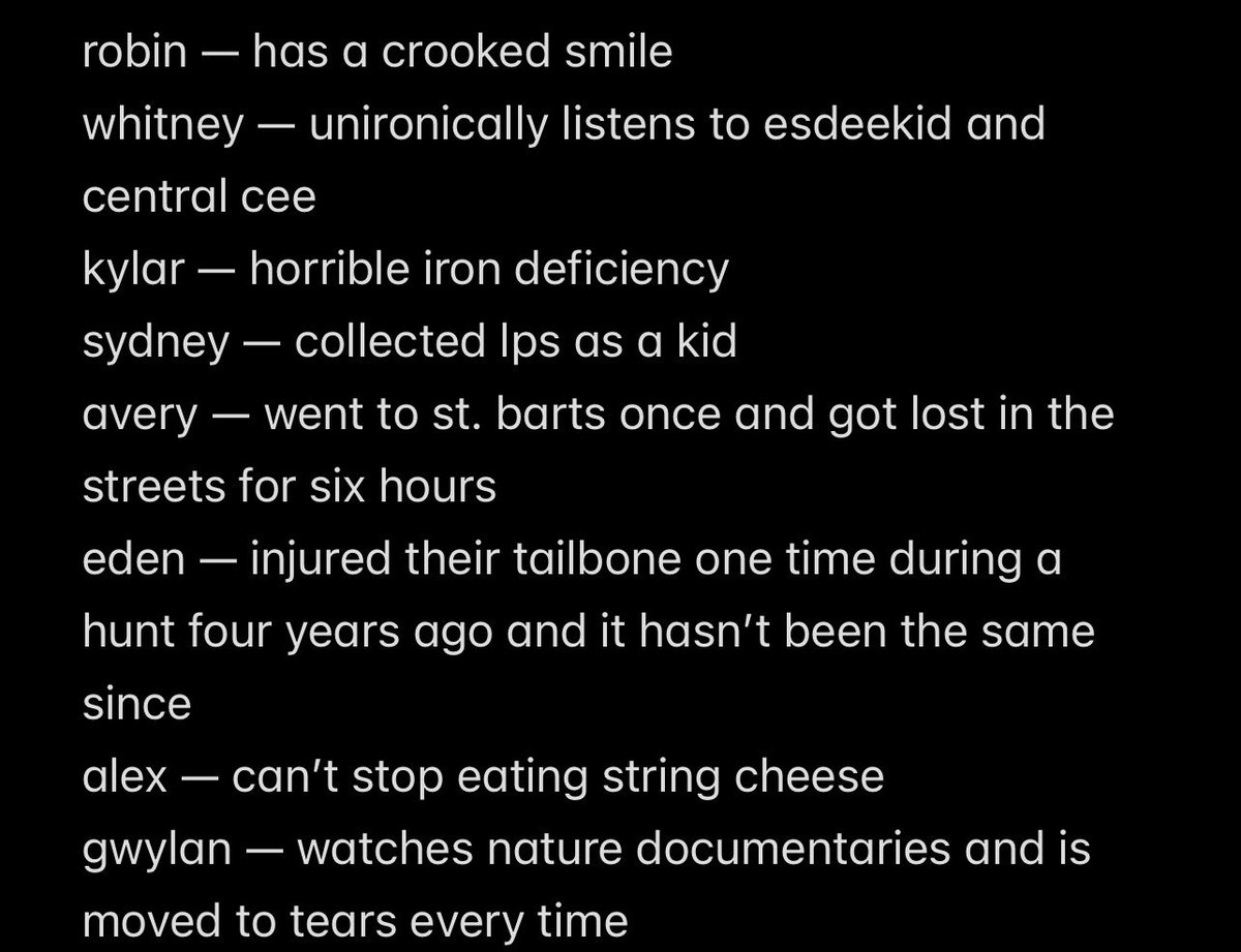 boricuamason's tweet photo. random nnpc headcanons but they’re just varyingly specific facts or things that have happened to me cuz i’m overly bored https://t.co/Vo7t87qLKt