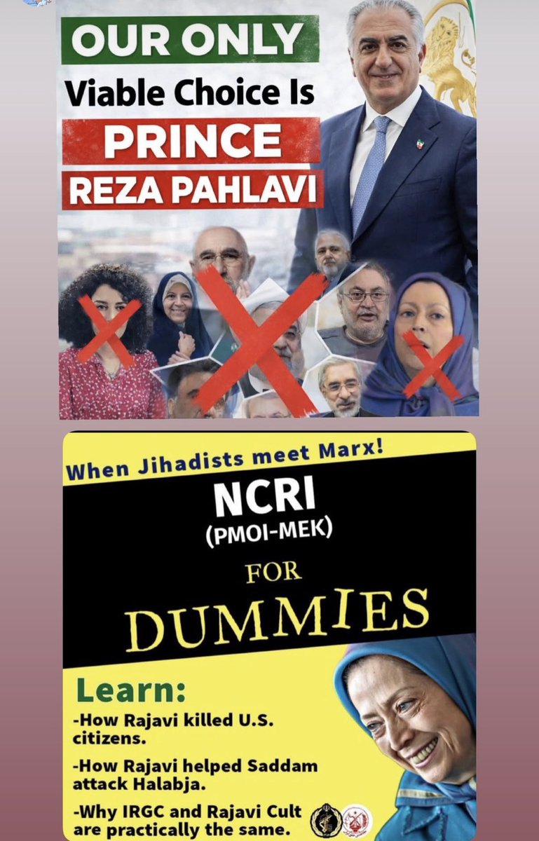 Soli358's tweet photo. The only opposition leader for People of Iran is Prince Reza Pahlavi and not these Islamist terrorists organization called MEK or NRCI!
They are worse than Islamic Republic of Iran!
Iranians hate them! In January 8 and 9 millions of Iranians in Iran said yes to Prince Reza Pahlavi's call and went to the streets and called his name! That's why Islamic Republic regime slaughtered them! Iranians’ only alternative and representative is Prince Reza Pahlavi! You can here his name in all the protests people of Iran did inside Iran. #kingrezapahlaviforiran