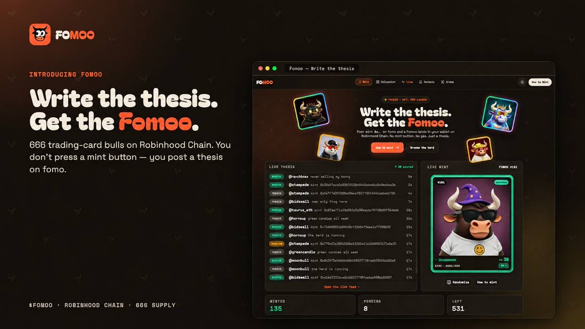 getFoMoo's tweet photo. Meet Fomoo: 666 graded trading-card bulls on Robinhood Chain.

You don't click mint. You write a thesis on fomo - "mint 0x….." - and the card finds you.

Currently in final checks. https://t.co/cnRjn4yncL