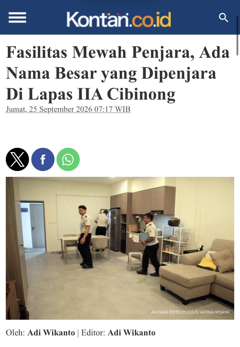 hasyimmah's tweet photo. Kita itu, selama ini juga sudah tahu kalau Kalapas itu menjual fasilitas penjara ke napi. CUMA KITA BERLAGAK TULI SAJA.

Bayangkan, di tempat wisata saja harga Pop Mie bisa 2 kali lebih mahal. Apalagi di penjara!

Bayangkan berapa harga apartemen di penjara? Berapa keuntungan yang dikantongi oknum lapas?

Semahal apapun fasilitas di penjara bakal dibeli sama koruptor. Lha wong mereka pake uang negara hasil korupsinya yang masih banyak banget.

Lapas adalah tempat korupsi di atas korupsi.

"Kamu kan sudah korupsi banyak dan uangmu nggak disita negara. Ya sekarang bagi-bagi dong ke kami. Kalau nggak mau ya kamu aku kumpulin sama maling ayam," mungkin begitu kata oknum lapas.

Sudah sebangsat ini sih negara kita. Segala sisi semua bobrok.