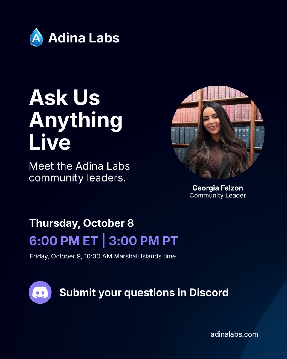 adinalabs's tweet photo. Ask us anything, live 🎙️

The Adina Labs community leaders are going live to answer your questions about what we're building, the $ADINA Token, and the road to our Fair Launch.

📅 Thursday, October 8
🕕 6:00 PM ET | 3:00 PM PT
(Friday, October 9, 10:00 AM Marshall Islands time)

Two ways to send us your questions:
💬 Drop them in the comments or send us a DM
👾 Post them in #ask-us-anything on our Discord (https://t.co/XmkoqFvlLI) and upvote the ones you want answered with a 👍

Then join us live on Zoom and bring your follow-ups.

Questions close Tuesday, October 6 at 6:00 PM ET. Can't make it live? We'll share the recording afterward.

#Web3 #Blockchain #UtilityToken #AdinaLabs #AskUsAnything