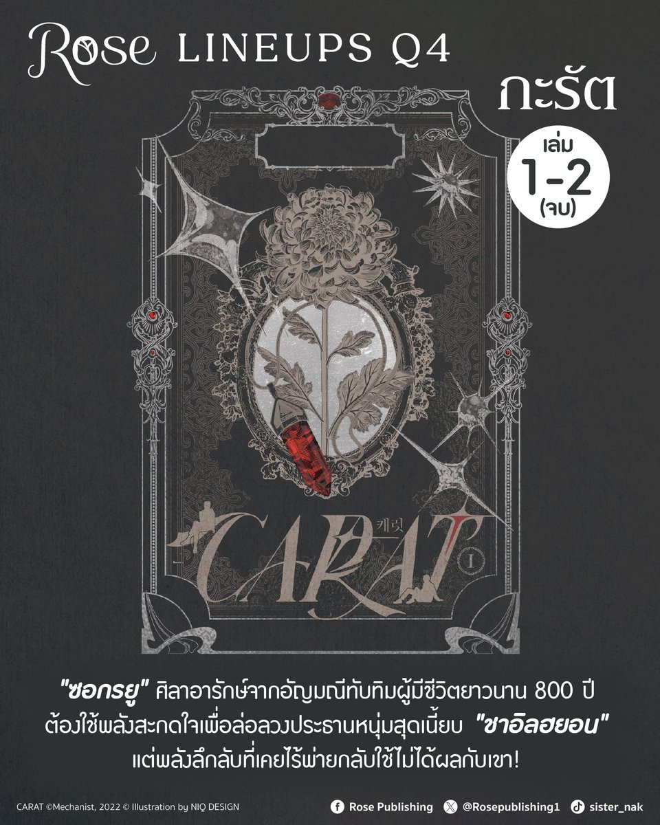 Rosepublishing1's tweet photo. เตรียมพบกับรายละเอียดและวันวางจำหน่าย
#กะรัต เล่ม 1-2 (จบ)

‘อัญมณีรูปทรงมนุษย์’ คือผู้ที่เกิดจากการประสานร่างเข้ากับอัญมณี พวกเขาล้วนแต่เป็นผู้มีพรสวรรค์
มีพลังอำนาจในการควบคุมจิตใจของผู้อื่นเพื่อทำให้ ‘เจ้าของ’ ได้สมความปรารถนา
แต่บนโลกนี้ไม่มีสิ่งใดได้มาโดยปราศจากข้อแลกเปลี่ยน การใช้พลังจะทำให้อัญมณีเจ็บปวด
และใช่ว่าทุกคนจะสามารถเป็นเจ้าของโดยสมบูรณ์ได้
#ซอกรยู ถือกำเนิดจากโกเมน เขามีชีวิตยาวนานมาถึงแปดร้อยปี เปลี่ยนเจ้าของไปแล้วหลายครั้งหลายหน
โดยหวังว่าสักวันเขาจะได้พบกับ 'เจ้าของแห่งโชคชะตา' ในสักวันหนึ่ง
แต่แล้วเขาก็ได้พบเจอกับ #ชาอิลฮยอน ประธานบริษัทต้นสังกัดที่เจ้าของต้องการให้เขาใช้อำนาจล่อหลอกเพื่อผลประโยชน์
ทว่าสิ่งที่ไม่คาดคิดก็เกิดขึ้น เมื่อพลังของเขาไม่ได้ผลกับชาอิลฮยอน และนั่นก็เป็นจุดเริ่มต้นของเรื่องราวสุดเข้มข้นนี้

💎 ผลงานเรื่อง : #Carat #캐럿
💎 ชื่อภาษาไทย : #กะรัต
💎 ผู้เขียน : #메카니스트 #Mechanist
💎 ผู้แปล : #นฤดี
💎 ปก : NIQ DESIGN
💎 จำนวนเล่ม : 2 เล่มจบ
💎 NC : บรรยาย
💎 การวางจำหน่าย : E-Book, รายตอน
💎 กำหนดการวางจำหน่าย : จะแจ้งให้ทราบอีกครั้งในช่องทาง Rose Publishing

Coming Soon.

#RosePublishing #มาดามโรส #RoseNovel