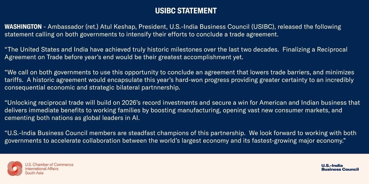 USIBC's tweet photo. 𝐔𝐒𝐈𝐁𝐂 𝐒𝐓𝐀𝐓𝐄𝐌𝐄𝐍𝐓

WASHINGTON- Ambassador (ret.) Atul Keshap, President, U.S.-India Business Council (USIBC), released the following statement calling on both governments to intensify their efforts to conclude a trade agreement. 
 
“The United States and India have achieved truly historic milestones over the last two decades. Finalizing a Reciprocal Agreement on Trade before year’s end would be their greatest accomplishment yet.
 
“We call on both governments to use this opportunity to conclude an agreement that lowers trade barriers, and minimizes tariffs. A historic agreement would encapsulate this year’s hard-won progress providing greater certainty to an incredibly consequential economic and strategic bilateral partnnership.
 
“Unlocking reciprocal trade will build on 2026’s record investments and secure a win for American and Indian business that delivers immediate benefits to working families by boosting manufacturing, opening vast new consumer markets, and cementing both nations as global leaders in AI.
 
“U.S.-India Business Council members are steadfast champions of this partnership. We look forward to working with both governments to accelerate collaboration between the world’s largest economy and its fastest-growing major economy.”

@USAmbKeshap @Usibc_md