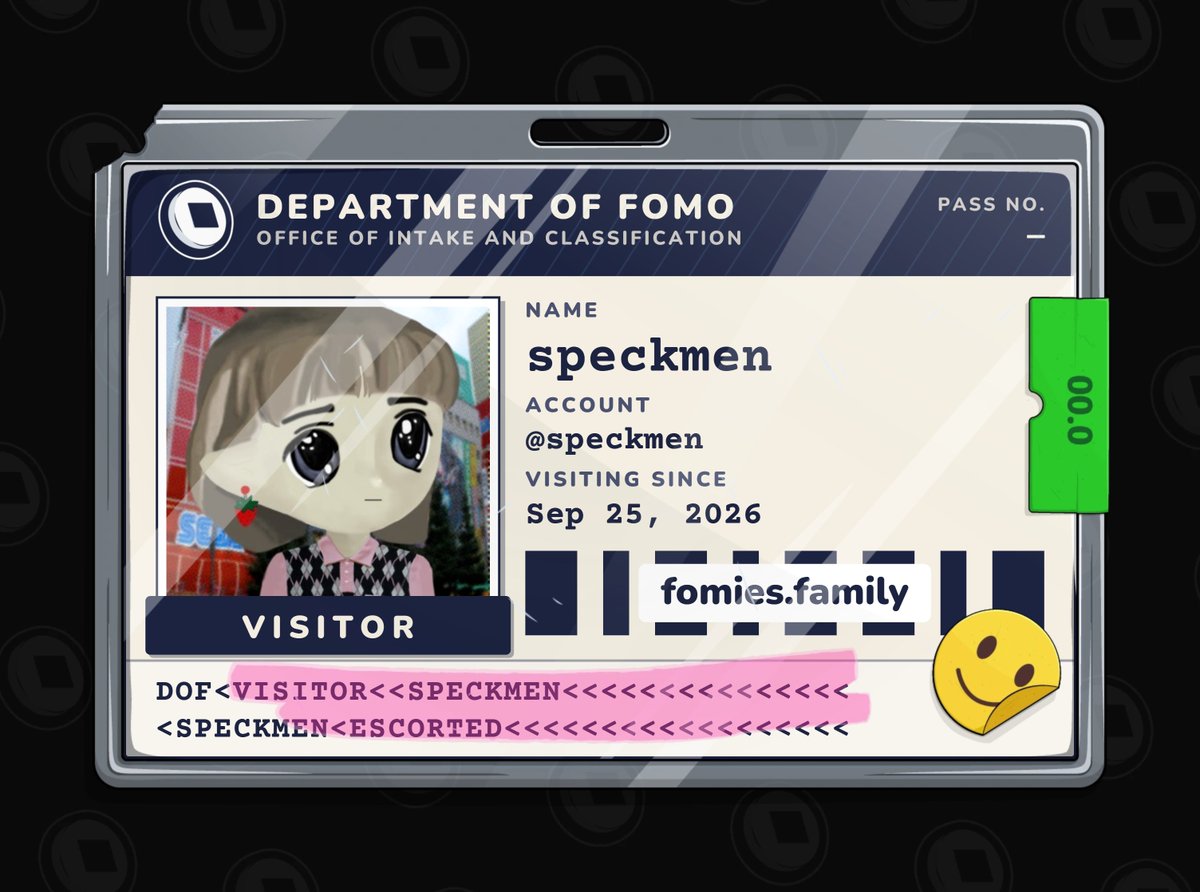 speckmen's tweet photo. visiting the department of fomo. no case yet. must be escorted at all times. @FomiesNFT https://t.co/x1pINDw6CU