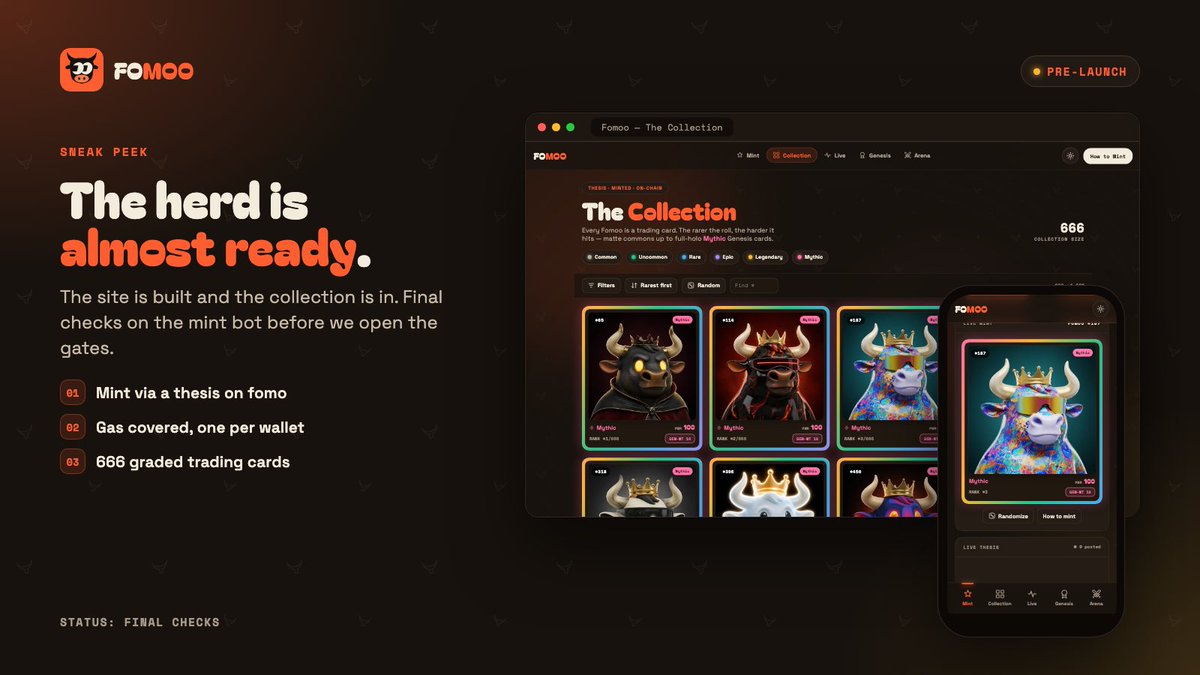 getFoMoo's tweet photo. Sneak peek of what's coming.

Full collection browser, filters by tier and trait, a graded slab for every card.

The mint bot is in final checks. We ship when it's right, not before. https://t.co/xefxqhjI5a