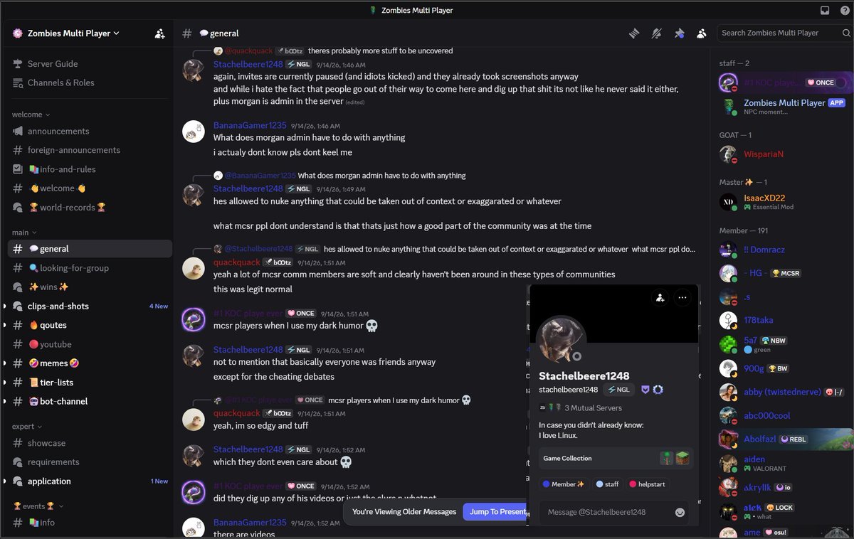 stizzdude's tweet photo. Here’s some more context to the Ranked team’s latest response on the edcr situation:

The likely reason and cause of how edcr was being dishonest was because of him trying to cover up the messages that got him exposed. edcr’s best friend "mr0gan", the same person credited with introducing him to MCSR Ranked in his playoffs introduction was most likely responsible for the deletion of these messages.

For context: when the server invite link was dropped, the MCSR mods were able to confirm all those messages had been sent because there were around 10 people that joined the server before the invite link was deleted. These messages were then deleted around 2 hours after this was brought to the ranked team’s attention.

This couldn’t have been edcr himself, because he would have had to manually join the server and delete them, which we didn't see him do. This lines up with what the ranked team ment when he was being dishonest, he most likely tried to cover up those messages and played those screenshots off as fake, yet he was unaware that the ranked mods were already steps ahead of him.

One of the screenshots shows that the zombies discord owner gave him full permission to delete those messages that were "taken out of context."

Once @edcrspeedruns became aware of these messages surfacing, he 100% knew they were real and must have panicked and told his friend to delete them. I'm sure that he was never like this around the MCSR community because he knew his whole reputation was on the line and he genuinely wanted to grow as a person and move on from his past, which unfortunately caught up to him.
https://t.co/IpAFuPbLlE
#mcsr #mcsrranked #edcr