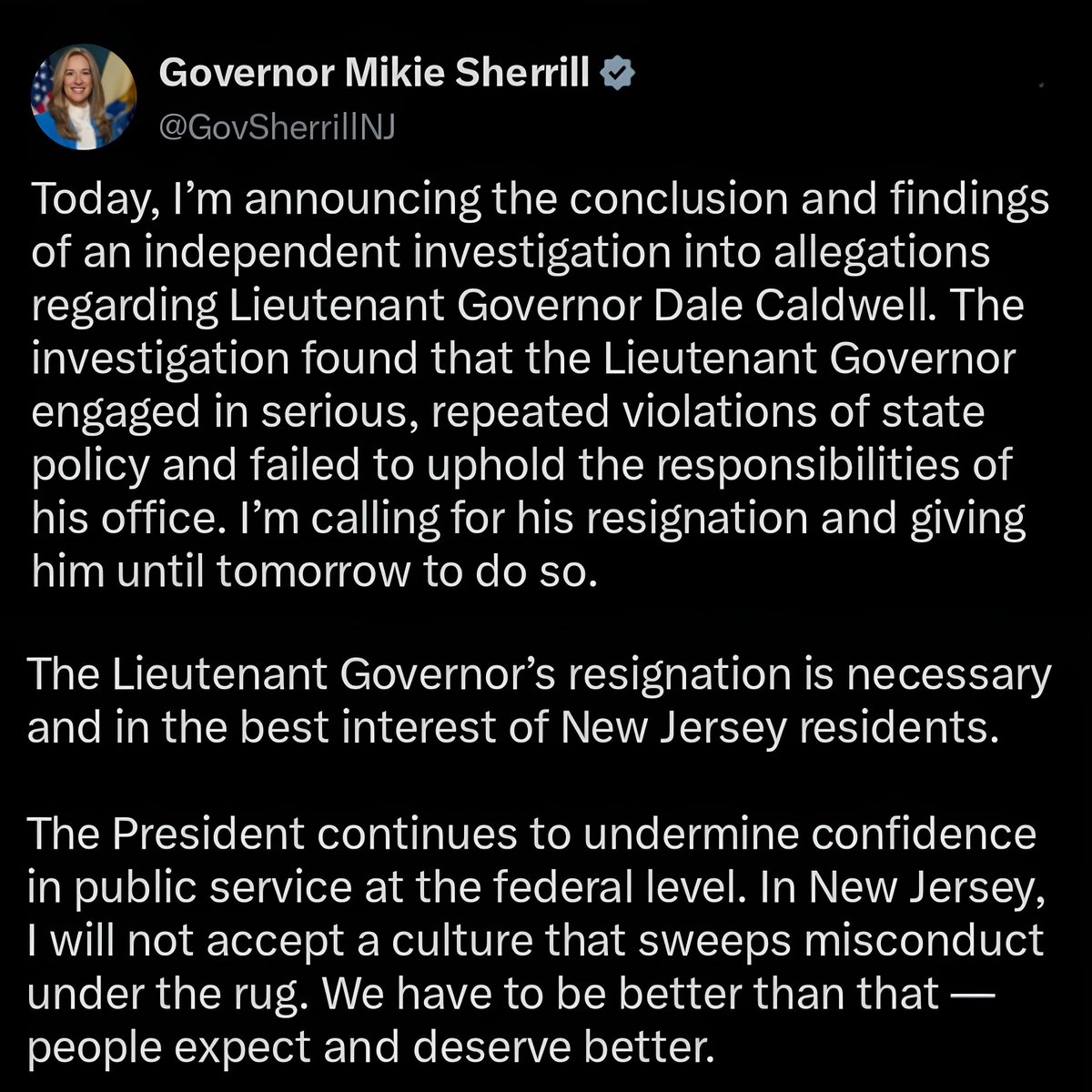 wakeupnj's tweet photo. It's crazy that Sherrill has to blame Trump in every post, even one calling for the resignation of her hand picked Lt. Gov. Also, gotta love this post was written by AI, this administration sucks https://t.co/xmi7WnDFeO
