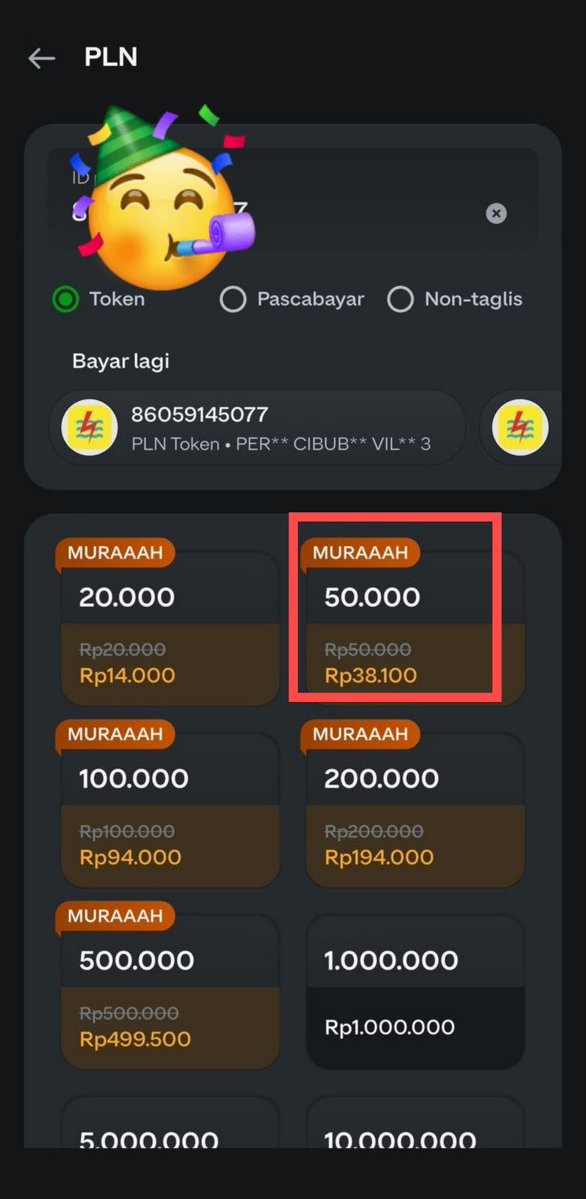 larasioe's tweet photo. panik dikit pas tau token listrik di rumah habis. terus langsung cek di apk gopay ternyata ada diskon token 50rb jadi 40rb udah include sama admin🤩 #DISKONPLNDIGOPAY https://t.co/kWf9dKs8iG