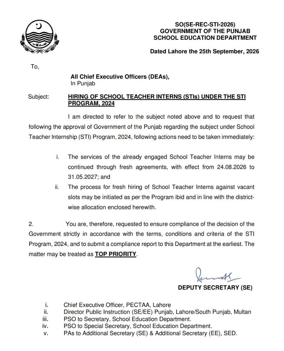 DsdDte's tweet photo. تمام STIs کو مبارکباد 
All CEOs, this is important and you will ensure extension of services of STIs already hired by tomorrow. Also make sure advertisement for fresh hiring against vacant slots of STIs  by day after tomorrow https://t.co/7jNe9vki6T