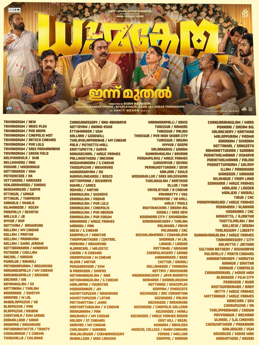 BhavanaRelease's tweet photo. #DHOOMAKETHU FROM TODAY, IN CINEMAS! ☄️

The wait is over. The loop begins. 🔁

Directed by: Sudhi Maddison
Written by: Sonny &amp; Manu
Produced by: Sameer Thahir, Shyju Khalid, Sajin Ali &amp; Abbas Thirunavaya

An Ankit Menon Musical https://t.co/NIEU9dpXfr