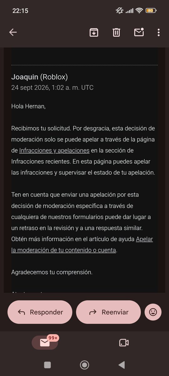 HernnJessLezam1's tweet photo. Username: Morvayru

@Roblox  @EFarraro

I was banned on 09/22/26 while inside an experience. The only reason provided is: "Other: Your account was moderated for a security violation of Roblox Community Standards." (1/3) https://t.co/QofBnlWGWh