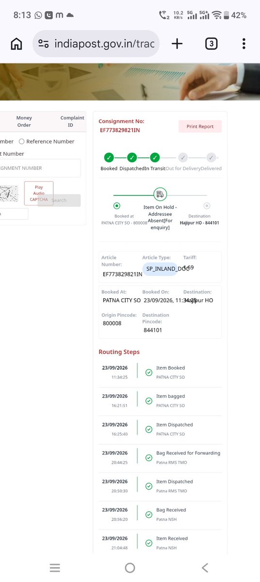 riteshkr987's tweet photo. @IndiaPostOffice 2 din pahle court se notice lekar speed post kiya tha jiska consignment no EF773829821IN hai  jisme aaj track karne pe address absent dikha raha
Jabki usme address bilkul sahi Diya hua hai post man dusri side ki party se milkar aisa kar raha hai https://t.co/UuGBD0EINK