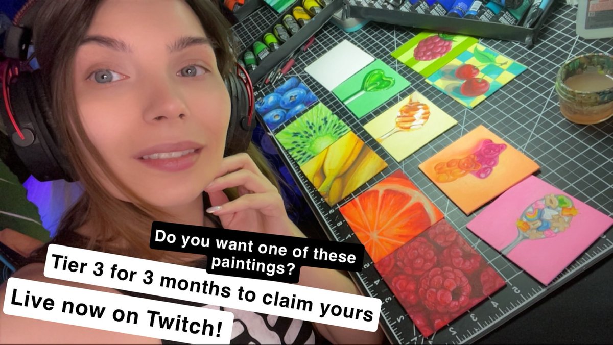 DaniiStreams's tweet photo. Live now on Twitch!! Please consider tier 3 subscribing for 3 months to help me get a beet cut on Twitch! In return you get a handwritten thank you card, sticker pack and to claim one of these neat paintings as well as entry to win a shirt with the design of the whole set! https://t.co/J6OB1itK11