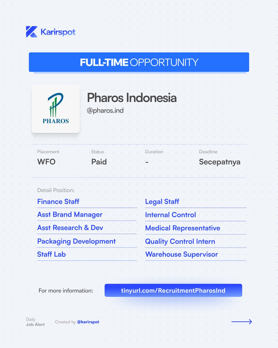 karirspace's tweet photo. Kompilasi lowongan kerja!

[WINGS Group] https://t.co/jq3EDGqq6c
Detail: https://t.co/mRqrKa1K2C

[Pertamina] 
Detail: https://t.co/iiN6cvGaoW

[Pharos Indonesia] https://t.co/OJzF08f55V
Detail: https://t.co/okGvHh9dYm

[HMNS] hrd@madeforhmns.com
Detail: https://t.co/ZfYsG9G4u3 https://t.co/mG88rIkb4q
