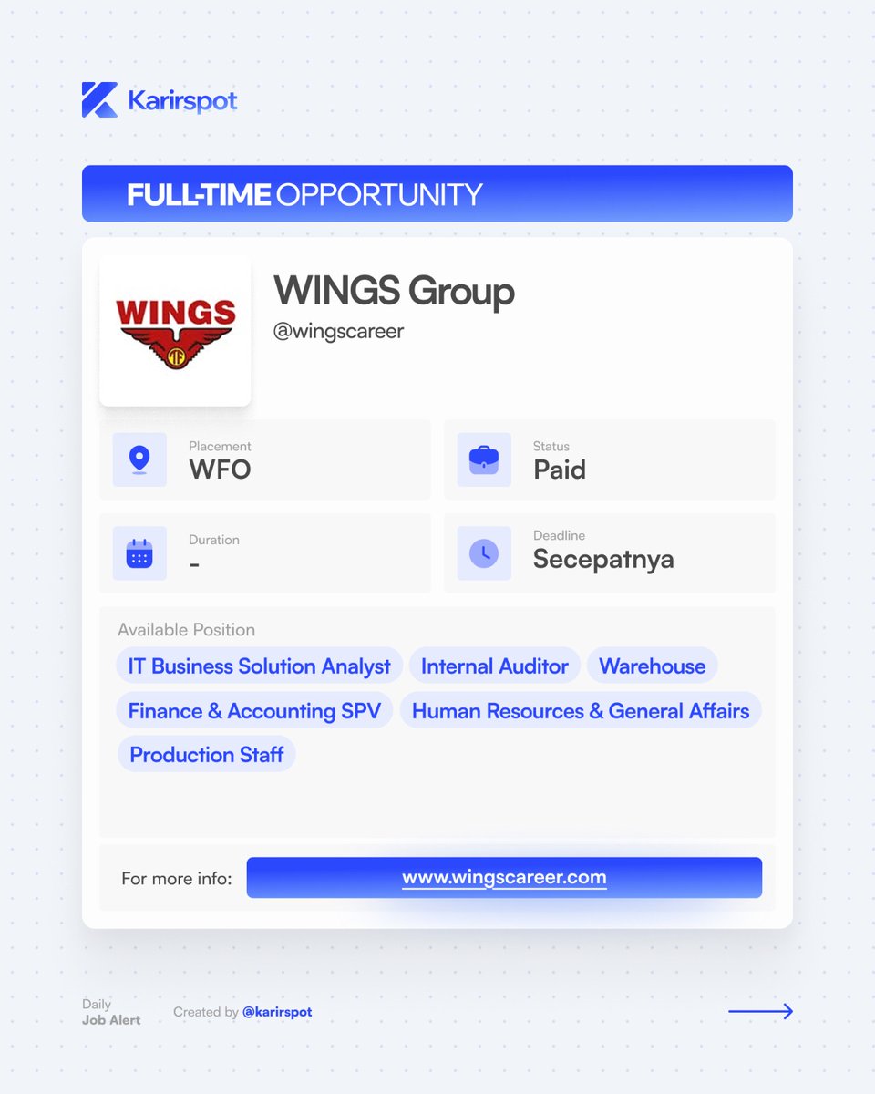 karirspace's tweet photo. Kompilasi lowongan kerja!

[WINGS Group] https://t.co/jq3EDGqq6c
Detail: https://t.co/mRqrKa1K2C

[Pertamina] 
Detail: https://t.co/iiN6cvGaoW

[Pharos Indonesia] https://t.co/OJzF08f55V
Detail: https://t.co/okGvHh9dYm

[HMNS] hrd@madeforhmns.com
Detail: https://t.co/ZfYsG9G4u3 https://t.co/mG88rIkb4q