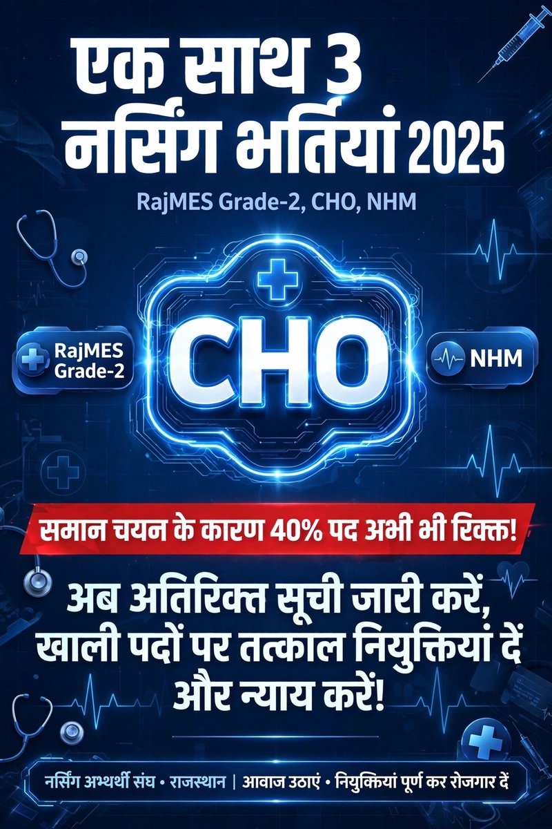 DevendraFefana's tweet photo. CHO भर्ती में 40% सिट खाली रह गई
CHO - 1400 पद खाली है !
नॉन जॉइनिंग लिस्ट निकाल कर भर्ती प्रक्रिया पूरी करो !
अतिरिक्त सूची जारी करो सरकार !
 @BhajanlalBjp @RajCMO @GajendraKhimsar @KumariDiya @DrPremBairwa @JogarampatelMLA @nhm_rajasthan @MoHFW_INDIA @alokrajRSSB @Bhajanlalofc https://t.co/E8Amx7L0JO