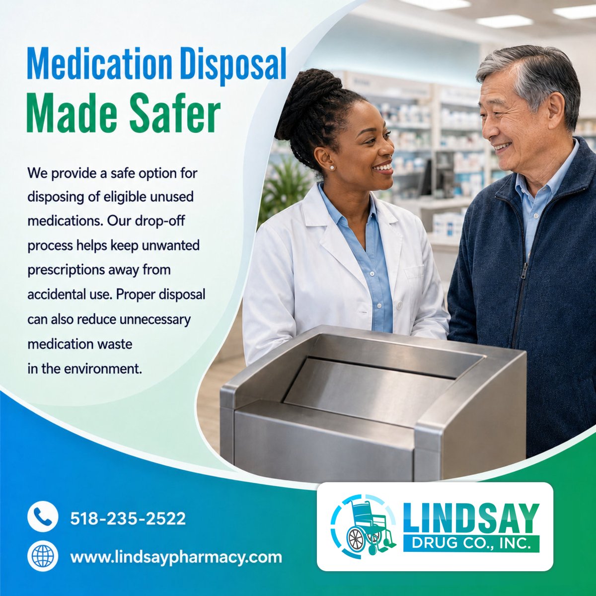 DrugLindsay's tweet photo. Unused medications should not remain forgotten in cabinets or drawers. ๐ Proper disposal can help reduce accidental use while keeping unwanted prescriptions out of household waste. โป๏ธ๐ฆ
#TroyNY #RetailPharmacy #MedicationDisposal #MedicationSafety #UnusedMedication https://t.co/S4Re9quXa5