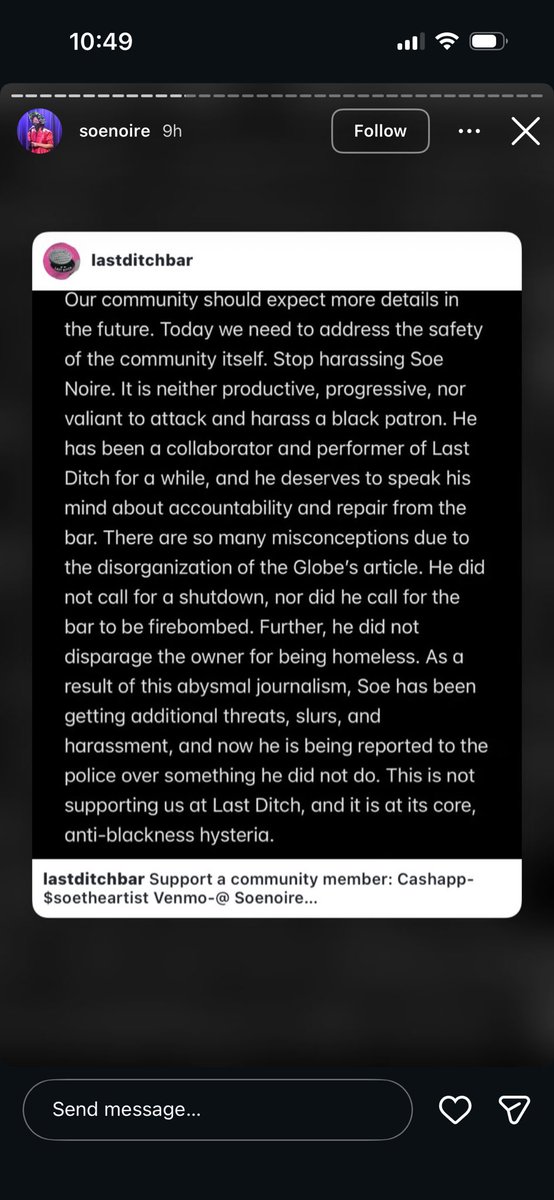 jakesgoodopines's tweet photo. This Soe Noire person is legitimately incredible. Like I kind of need a full length documentary about him. He shared the post where Last Ditch instructed their supporters to pay him then immediately shared a post about how the bar is the most evil place in the world https://t.co/J4y4cFkTUC