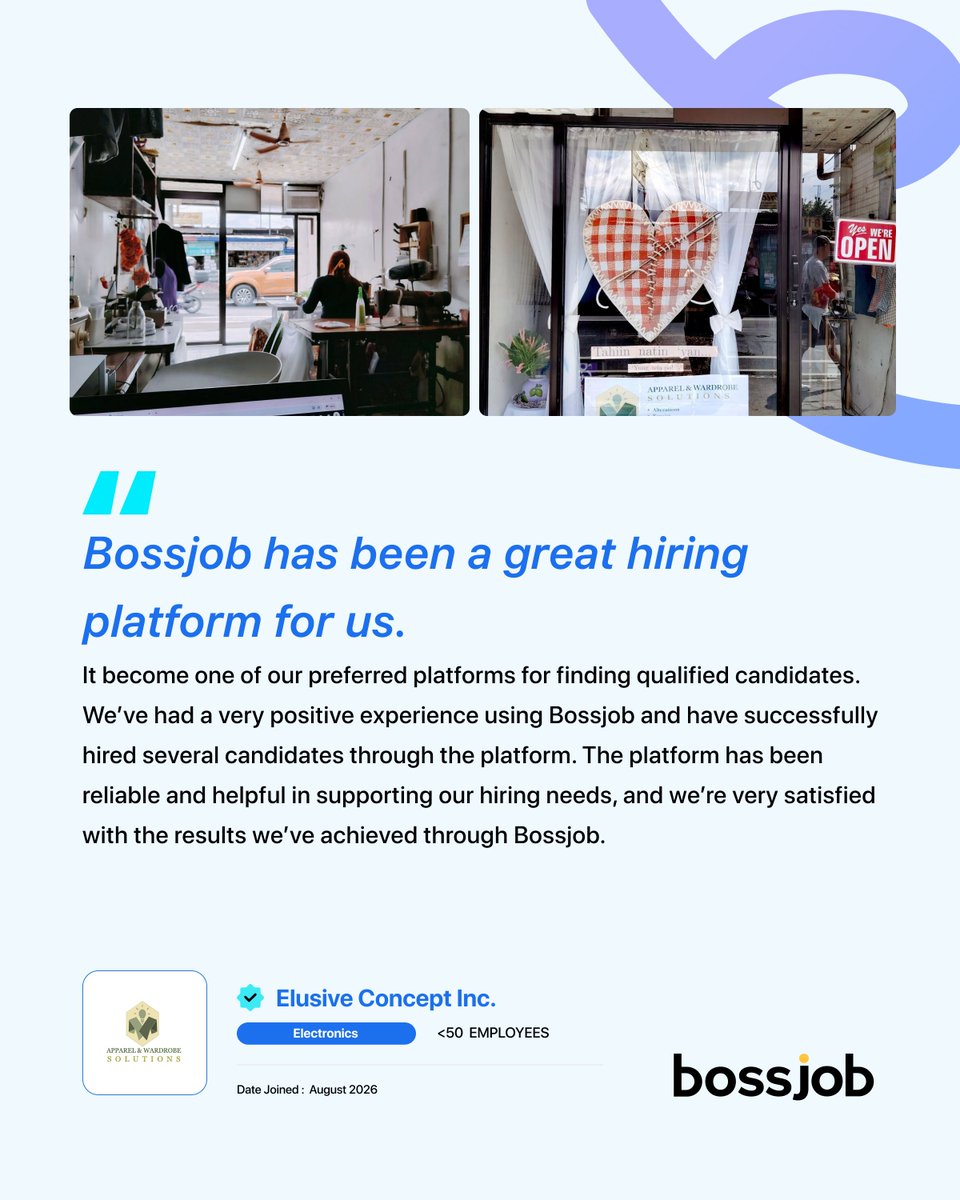 bossjobofficial's tweet photo. #BossjobTestimonials: Elusive Concept Inc.
๐ฃ๏ธ โWe've had a very positive experience using Bossjob and have successfully hired several candidates through the platform."
๐ฃ Apply Nowโผ๏ธ https://t.co/tkt8qshko0
#jobopportunity #CareerGrowth #electronics #Bossjob https://t.co/QeGJId7I6P