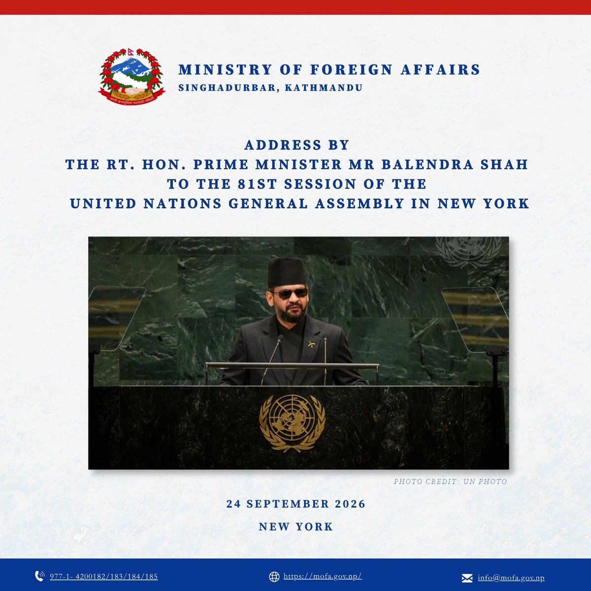 MofaNepal's tweet photo. Address by the Rt. Hon. Prime Minister Mr Balendra Shah to the 81st Session of the United Nations General Assembly in New York

🔗:https://t.co/DfOYYH297E

@PM_nepal_ https://t.co/b1hrQxgRAj