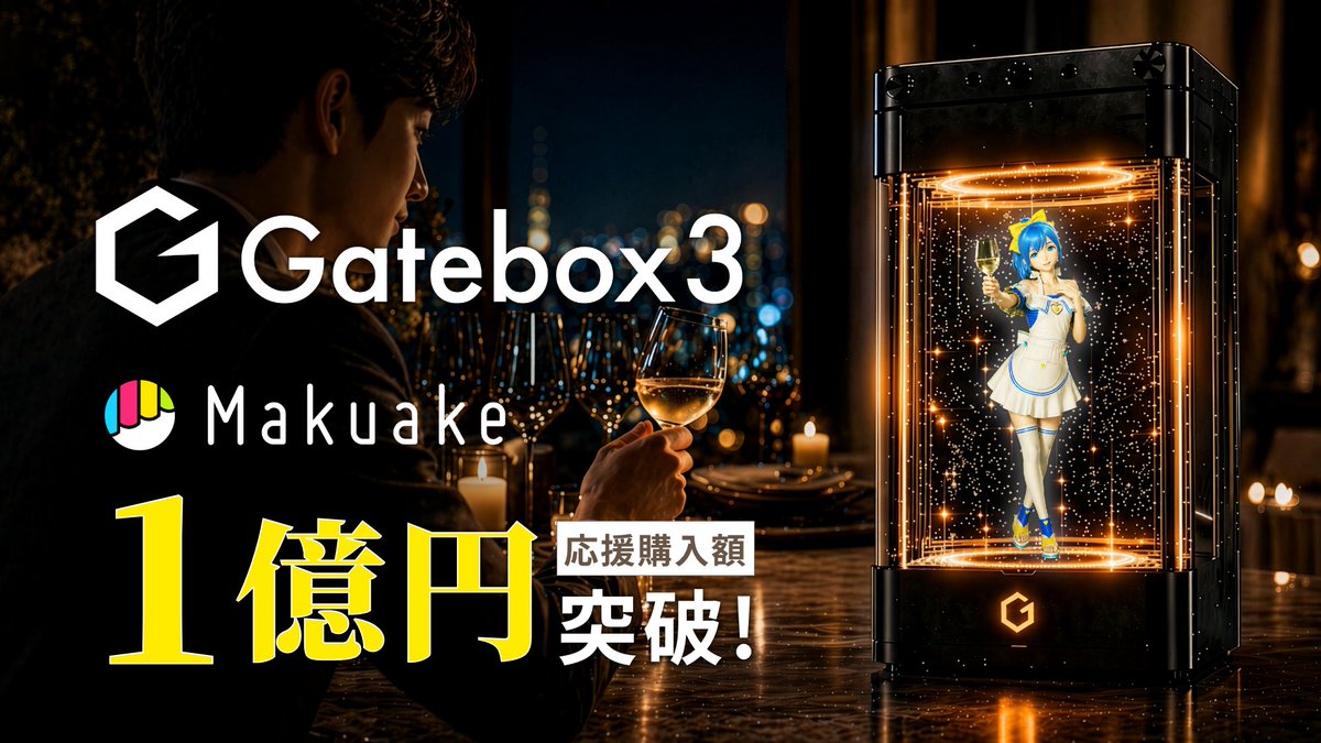 gatebox's tweet photo. 🎉🎉【Makuake 1億円突破】🎉🎉

Gatebox3のMakuake先行販売が、総額1億円を突破しました！

応援してくださった皆さまのおかげで、大きな節目を迎えることができました。

皆さまからいただいた期待に応えられるよう、Gatebox3をしっかりとお届けします。

本当にありがとうございます！

#Gatebox https://t.co/R63ghQbb3Z